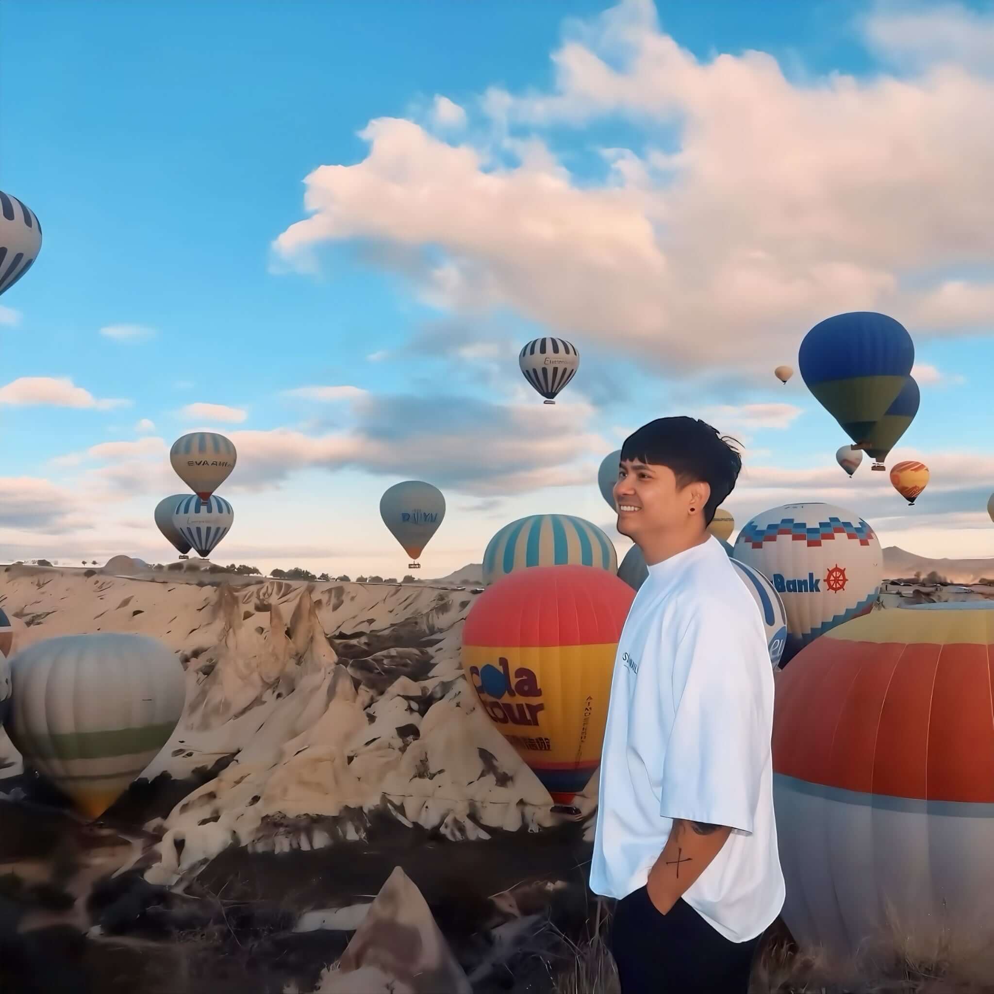 Ralph Mendoza stands among vibrant hot air balloons over a canyon at sunrise, embodying calm, vision, and the quiet pursuit of beauty.