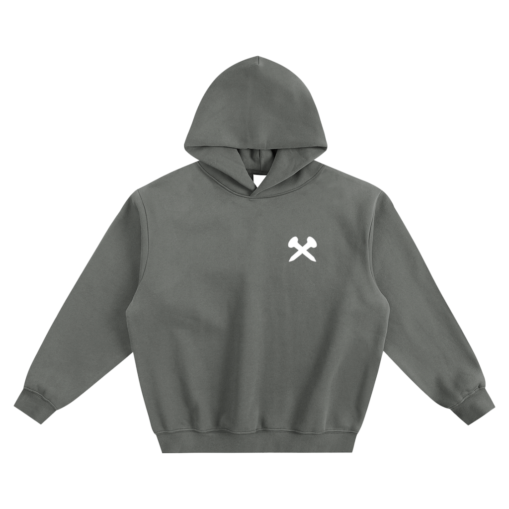 Crossxnails Fleeced Boxy Hoodie in grey with a logo, featuring a loose fit for modern streetwear style.
