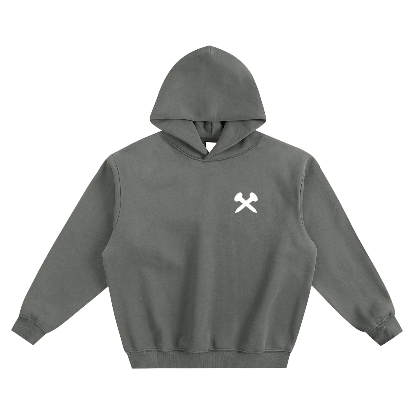 Crossxnails Fleeced Boxy Hoodie in grey with a logo, featuring a loose fit for modern streetwear style.