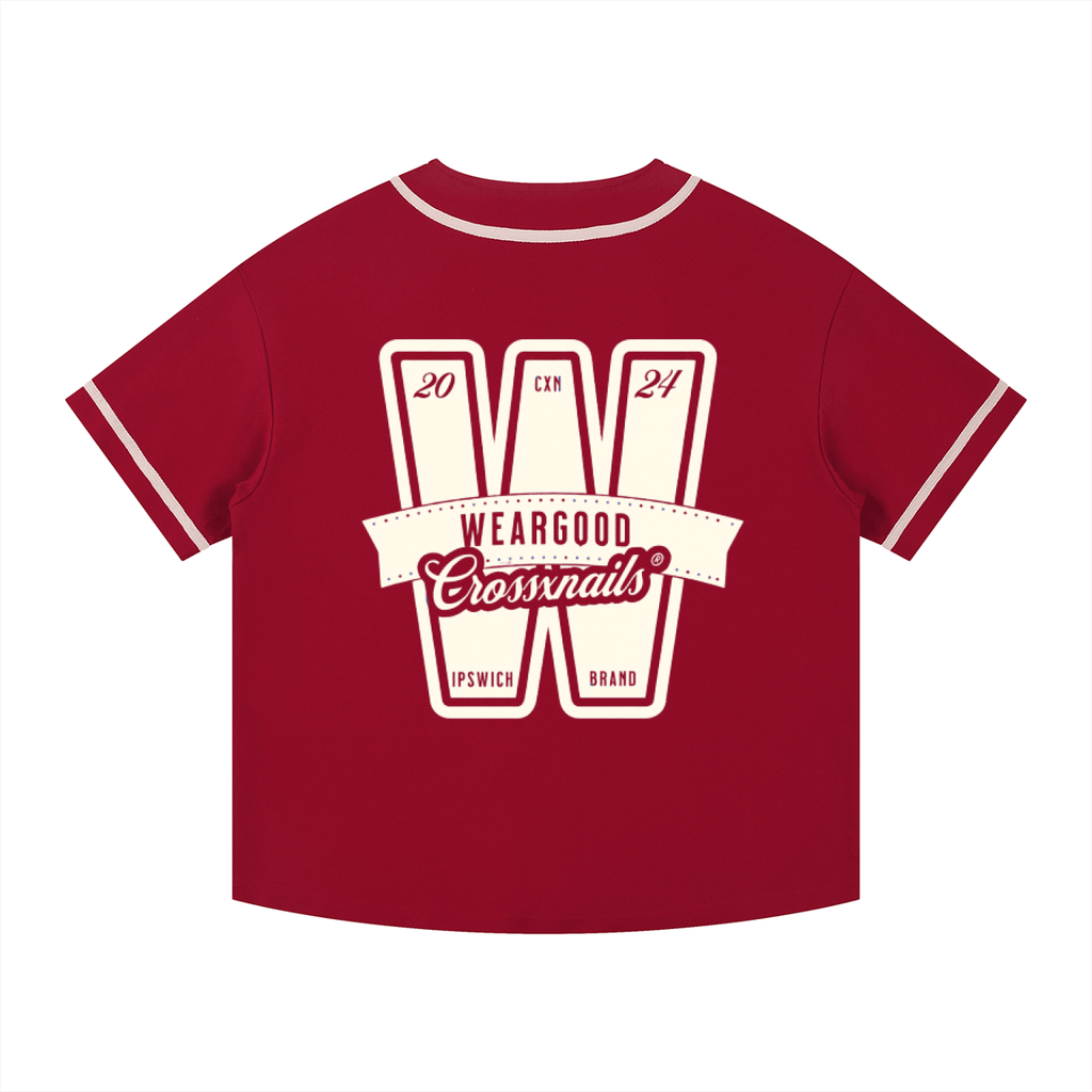 Crossxnails WearGood button-up baseball jersey in red, oversized fit, featuring logo design, Ipswich UK streetwear style.