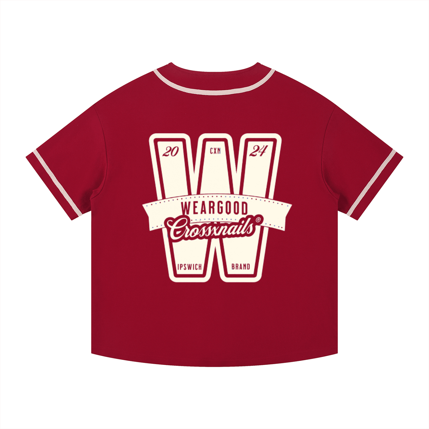 Crossxnails WearGood button-up baseball jersey in red, oversized fit, featuring logo design, Ipswich UK streetwear style.