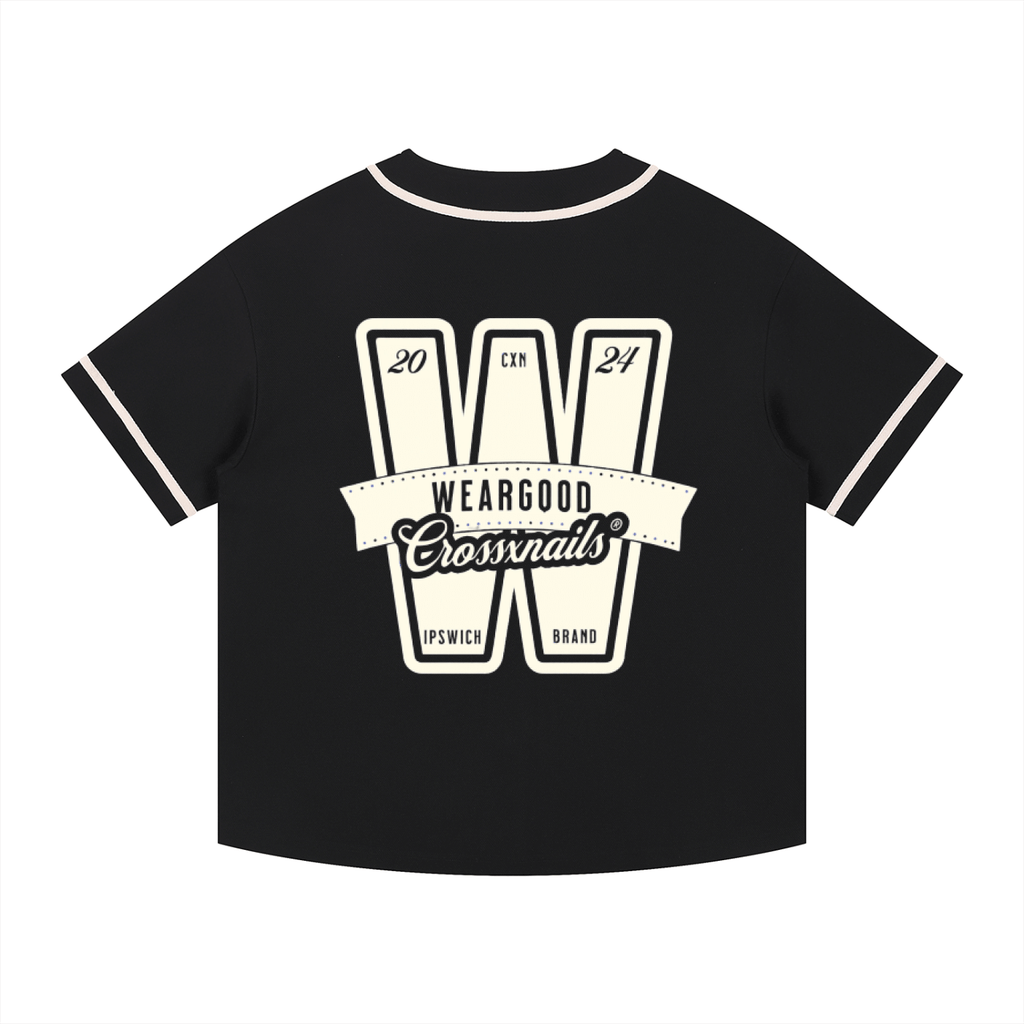 WearGood Crossxnails oversized black baseball jersey, cotton blend, Ipswich brand, relaxed fit, UK streetwear style.