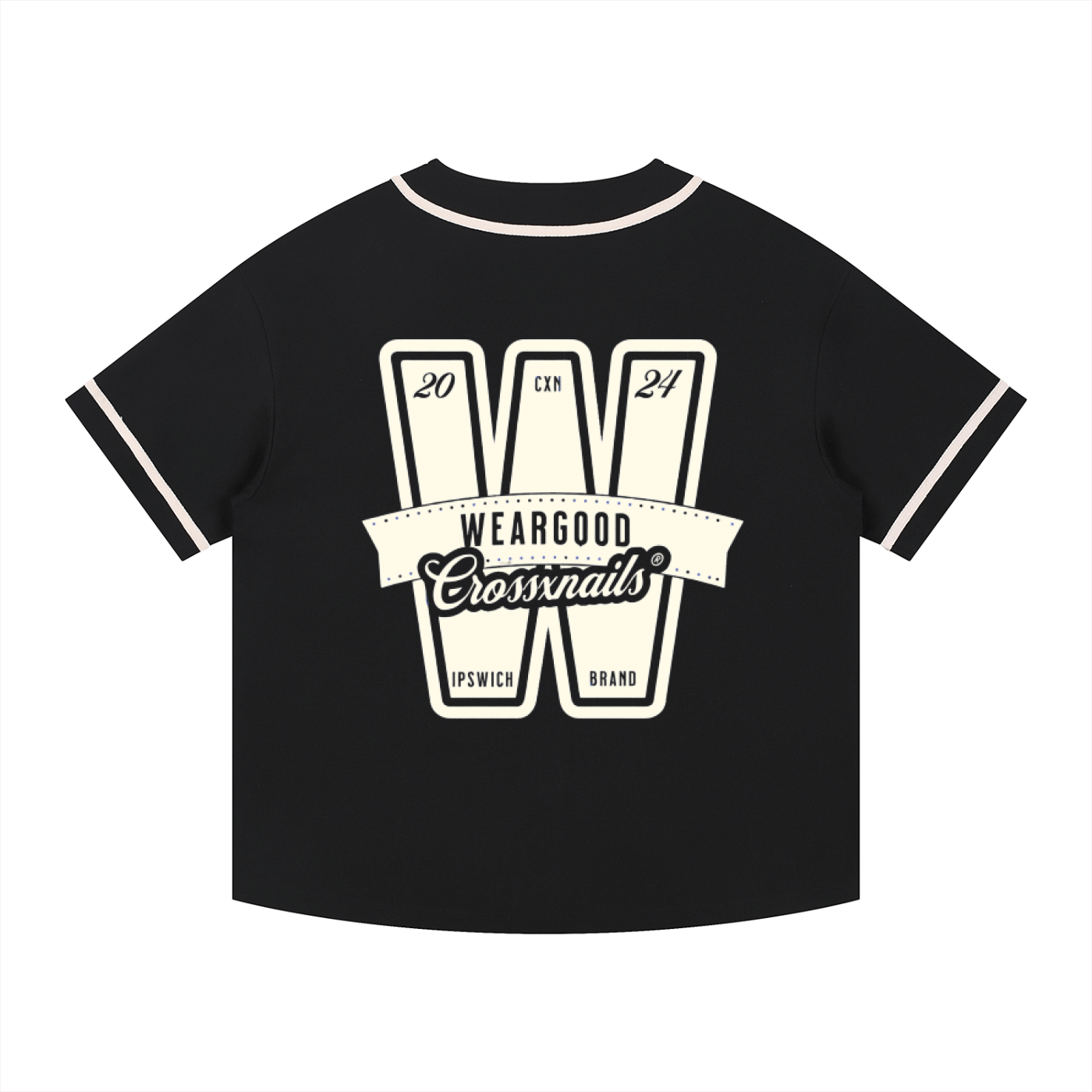 WearGood Crossxnails oversized black baseball jersey, cotton blend, Ipswich brand, relaxed fit, UK streetwear style.