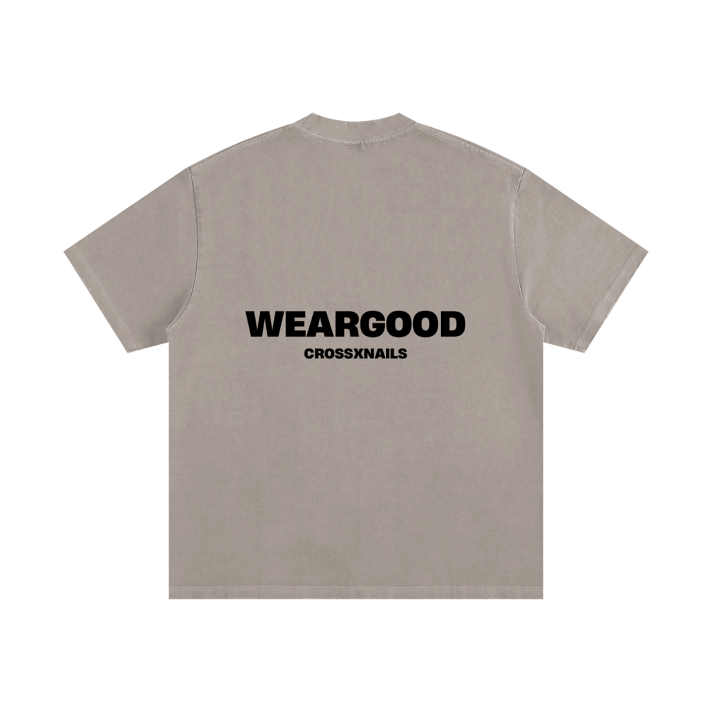 Crossxnails Heavyweight Oversized T-Shirt in grey, featuring 'WEARGOOD' branding, premium Christian streetwear from Ipswich.