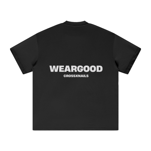 Crossxnails Oversized T-Shirt in black with WEARGOOD print, 100% cotton, premium relaxed fit. Christian streetwear UK.
