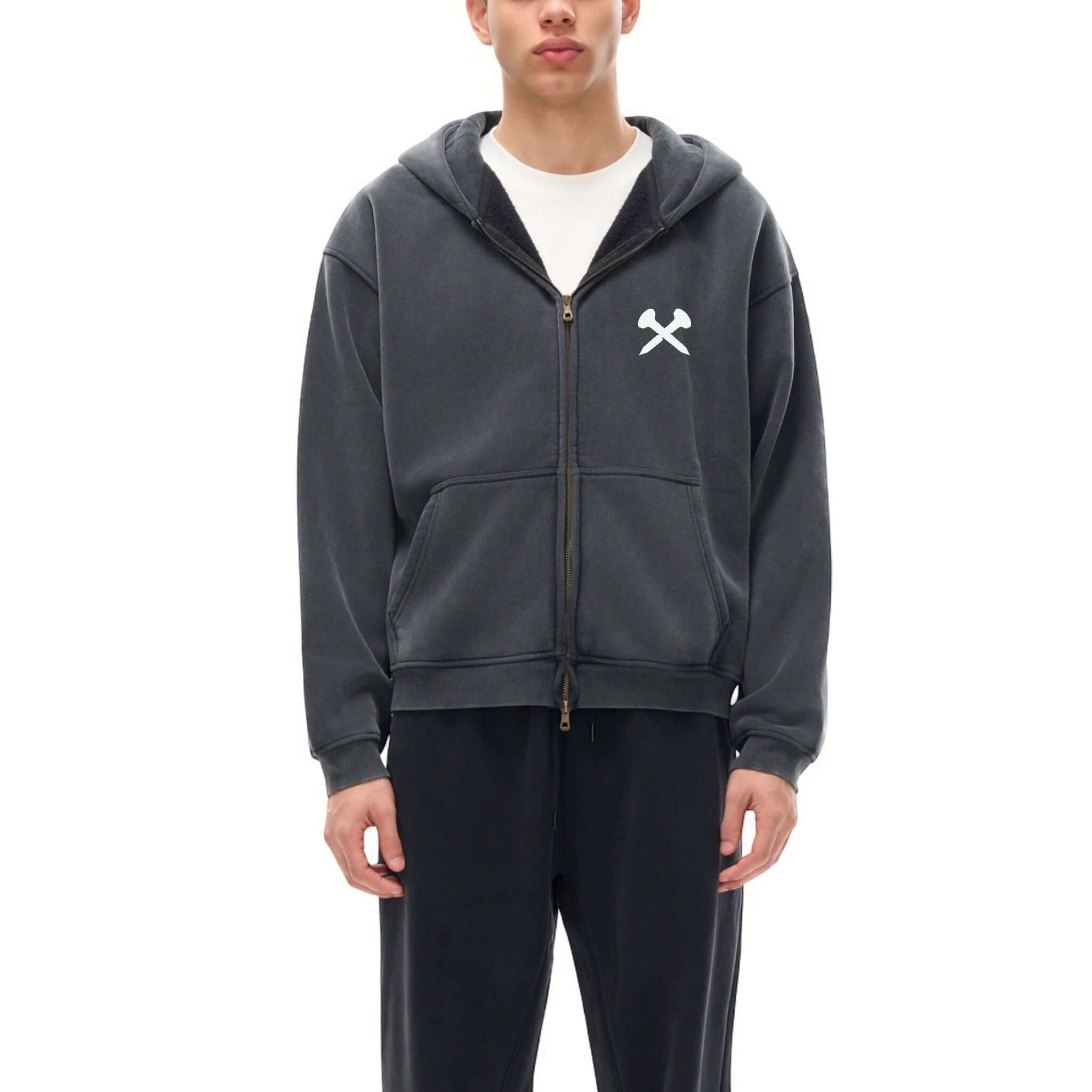 Crossxnails Zip-Up Boxy Hoodie in vintage-washed cotton, oversized fit, Christian streetwear UK, Ipswich Suffolk.