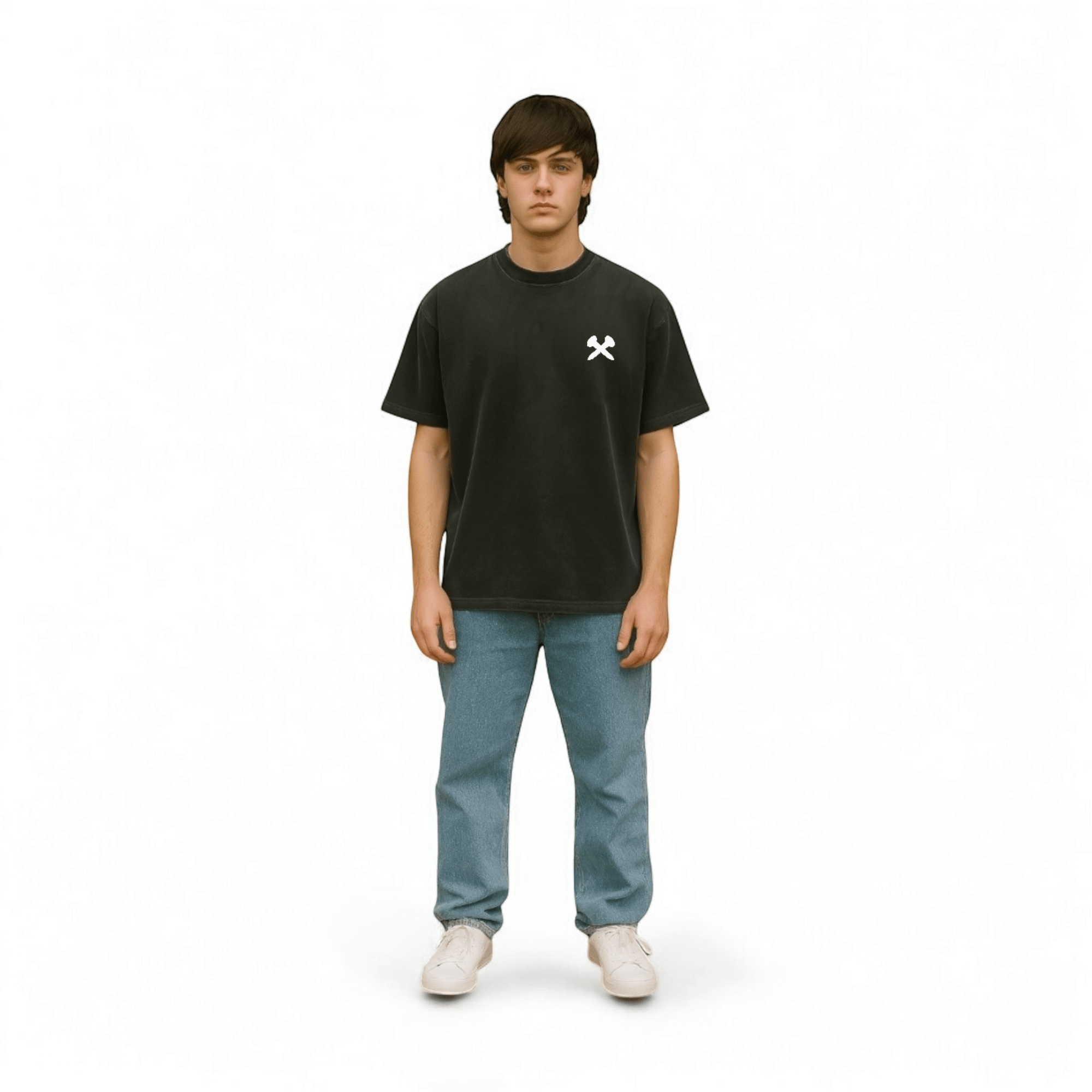 Model wearing Crossxnails® black T-shirt with minimalist X logo – unisex streetwear fit popular in Ipswich and Colchester.