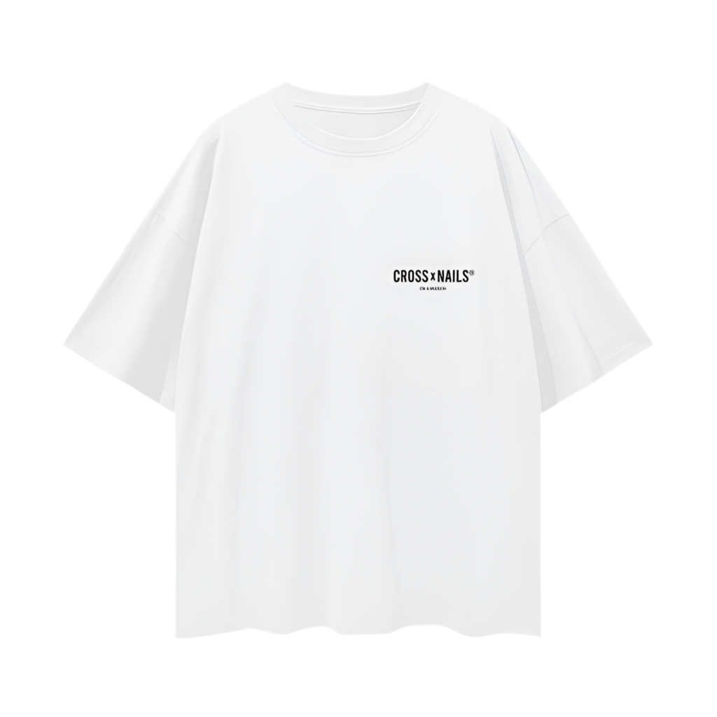 Front and back flat lay images of the Crossxnails® Oversize Tee in Lucent White, displaying the minimalist logo on the front and bold branding on the back.