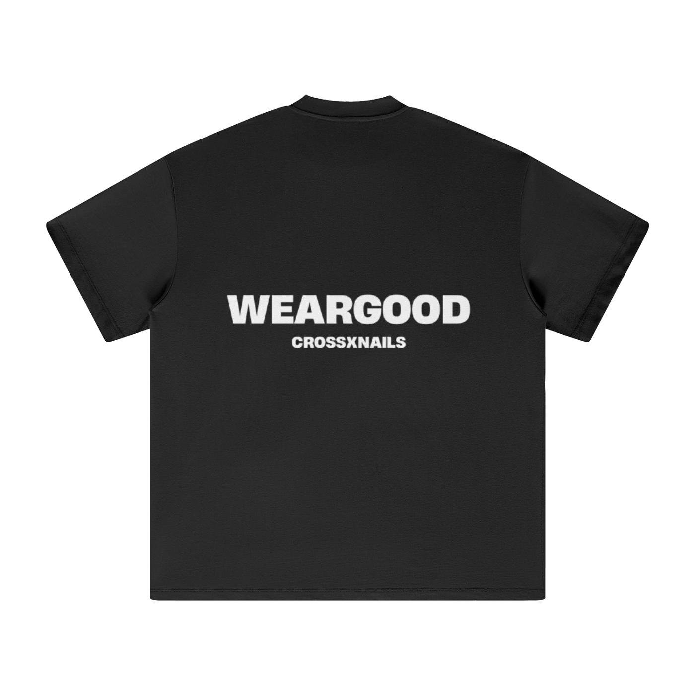 Crossxnails Oversized T-Shirt back view, black, featuring WEARGOOD and CROSSXNails logo, 100% cotton, UK streetwear.