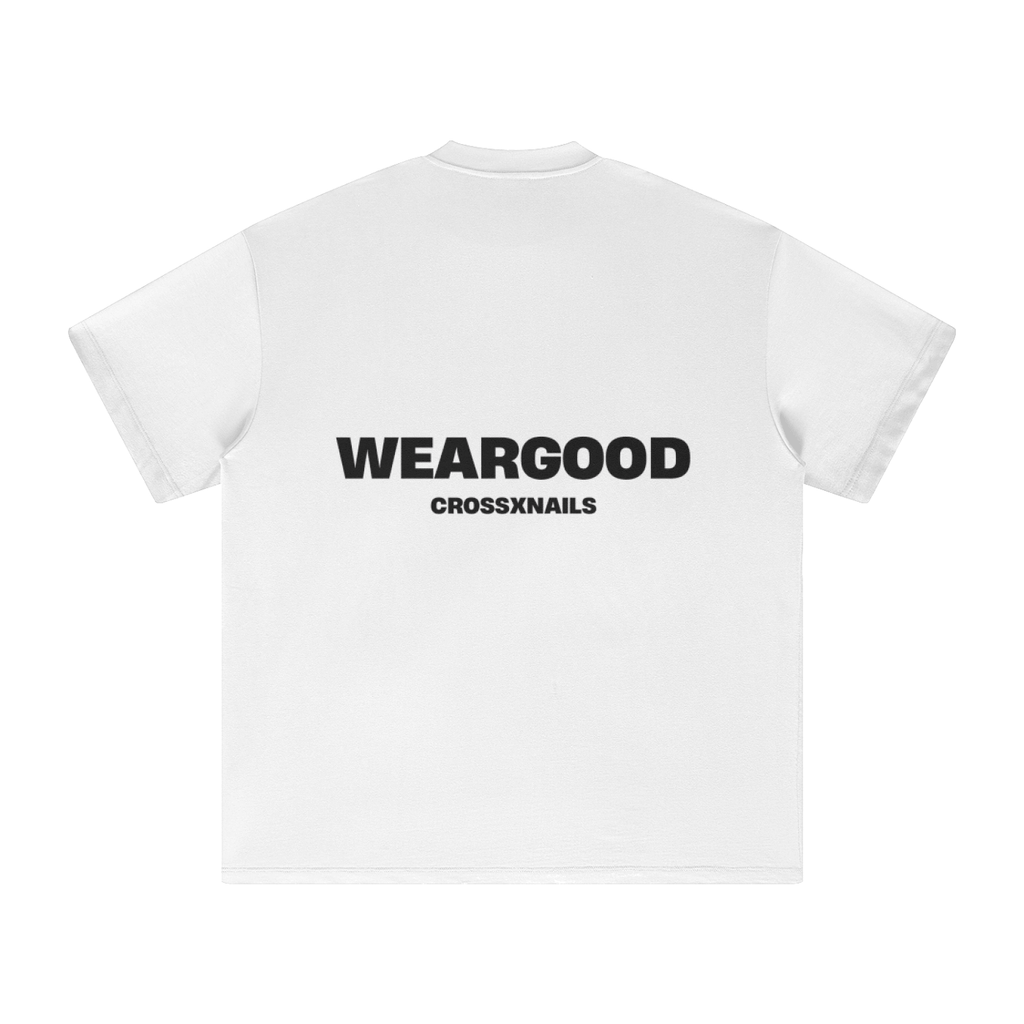 Crossxnails® oversized white t-shirt with WEARGOOD print on back, premium organic cotton, unisex streetwear from Ipswich UK.