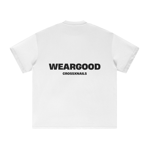 Crossxnails® oversized white t-shirt with WEARGOOD print on back, premium organic cotton, unisex streetwear from Ipswich UK.