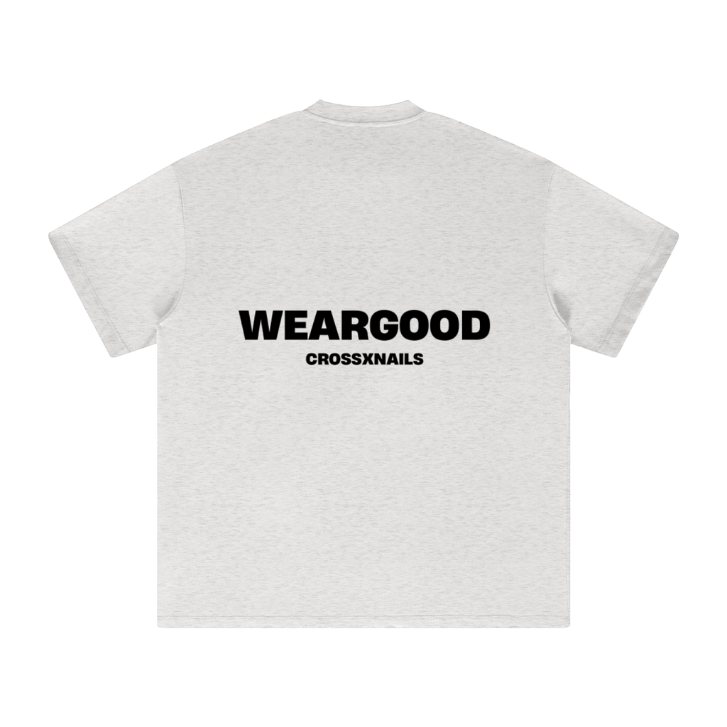 Crossxnails® oversized t-shirt in light gray with WEARGOOD logo on back, premium organic cotton, unisex streetwear essential.