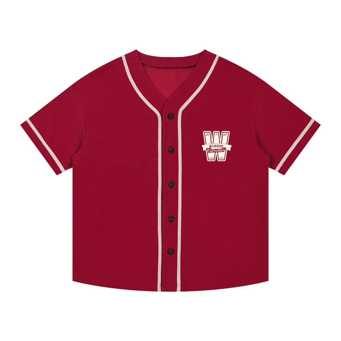 Crossxnails Button-Up Baseball Jersey in red, unisex oversized fit, made from organic cotton, UK streetwear style.