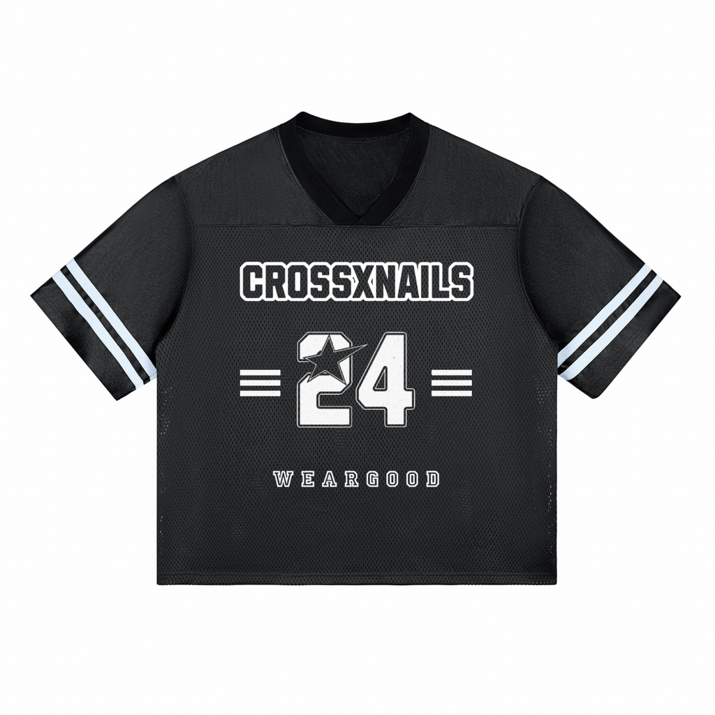Crossxnails Oversized Boxy Jersey, 240g polyester mesh, unisex sports streetwear, premium Christian clothing, UK streetwear.
