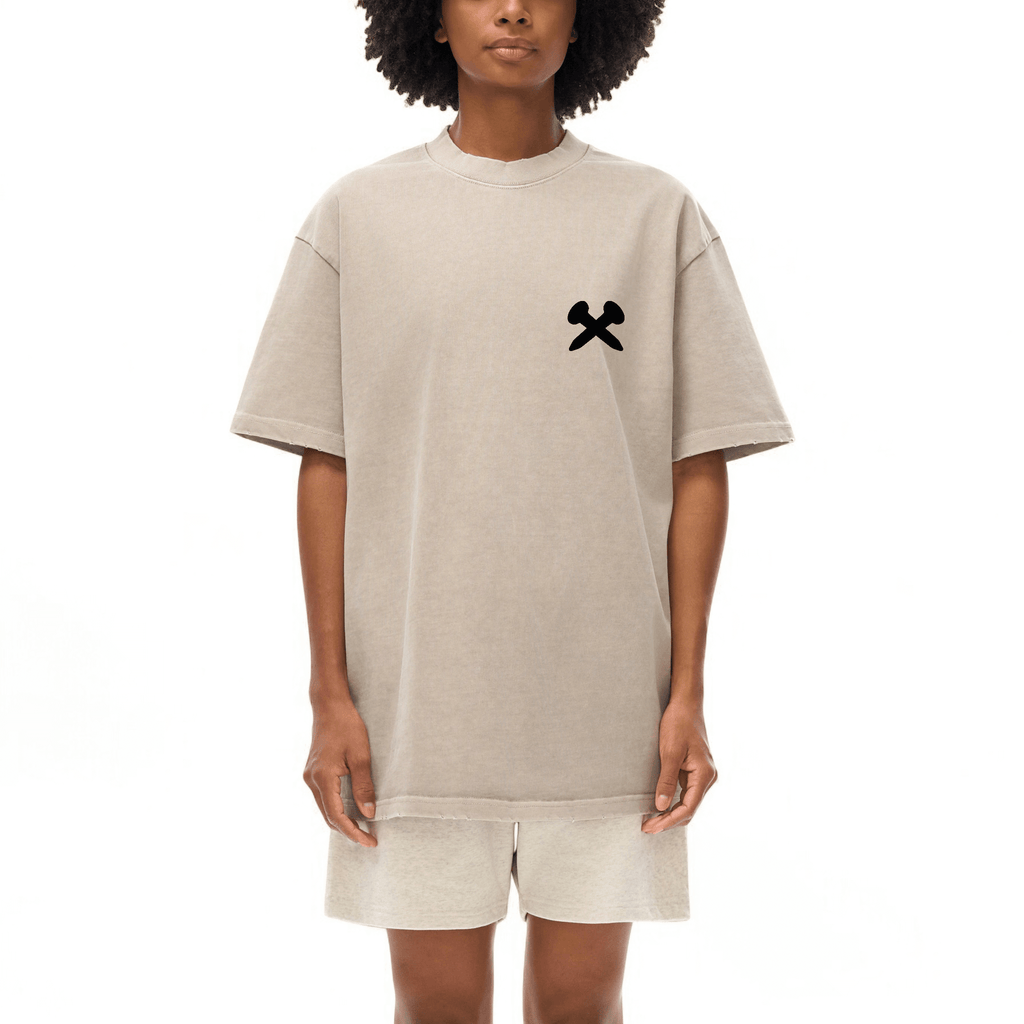 Crossxnails Heavyweight Washed Oversized T-Shirt in beige, 430gsm 100% cotton, relaxed fit, UK Christian streetwear style.