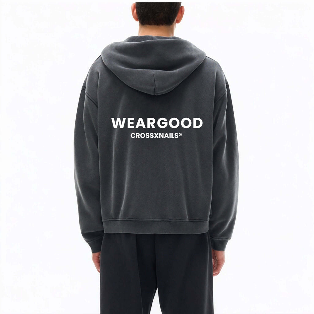 Crossxnails Zip-Up Boxy Hoodie in dark grey, oversized fit with WEARGOOD logo, part of Ipswich Suffolk clothing brand.