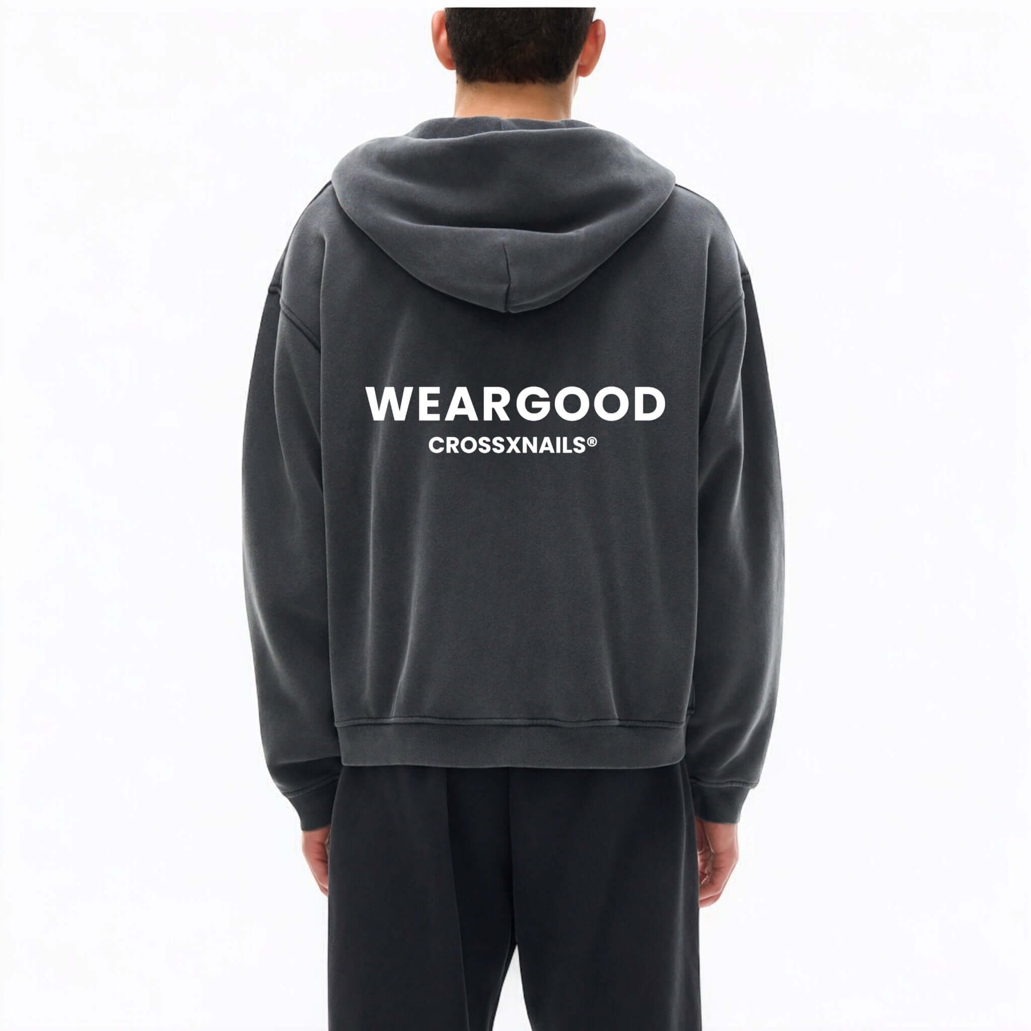 Crossxnails Zip-Up Boxy Hoodie in dark grey, oversized fit with WEARGOOD logo, part of Ipswich Suffolk clothing brand.