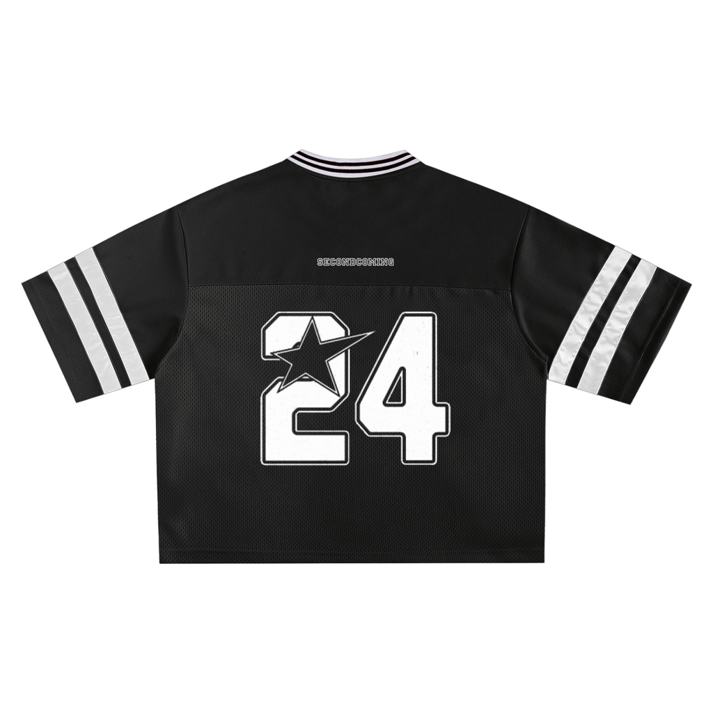 Crossxnails oversized boxy fit jersey 24 in black mesh, Christian streetwear UK, Ipswich design, relaxed fit style.