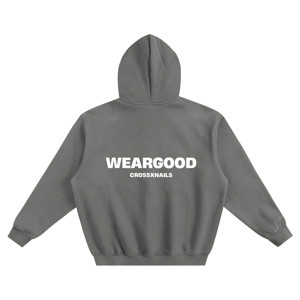 Back view of Crossxnails Fleeced Boxy Hoodie in gray featuring 'WEARGOOD' text.