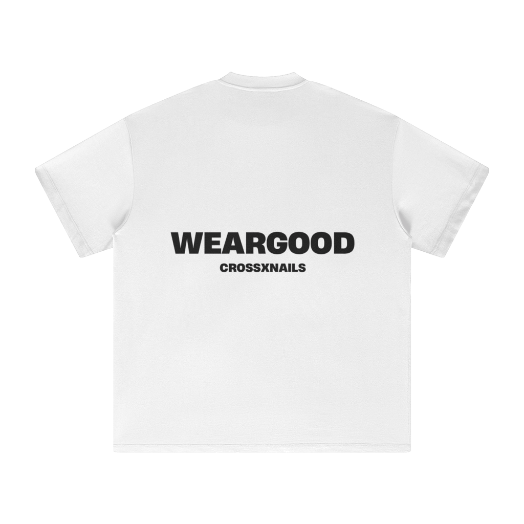 Crossxnails Oversized T-Shirt in white with WEARGOOD print, premium cotton, unisex, Christian streetwear UK, Ipswich brand.