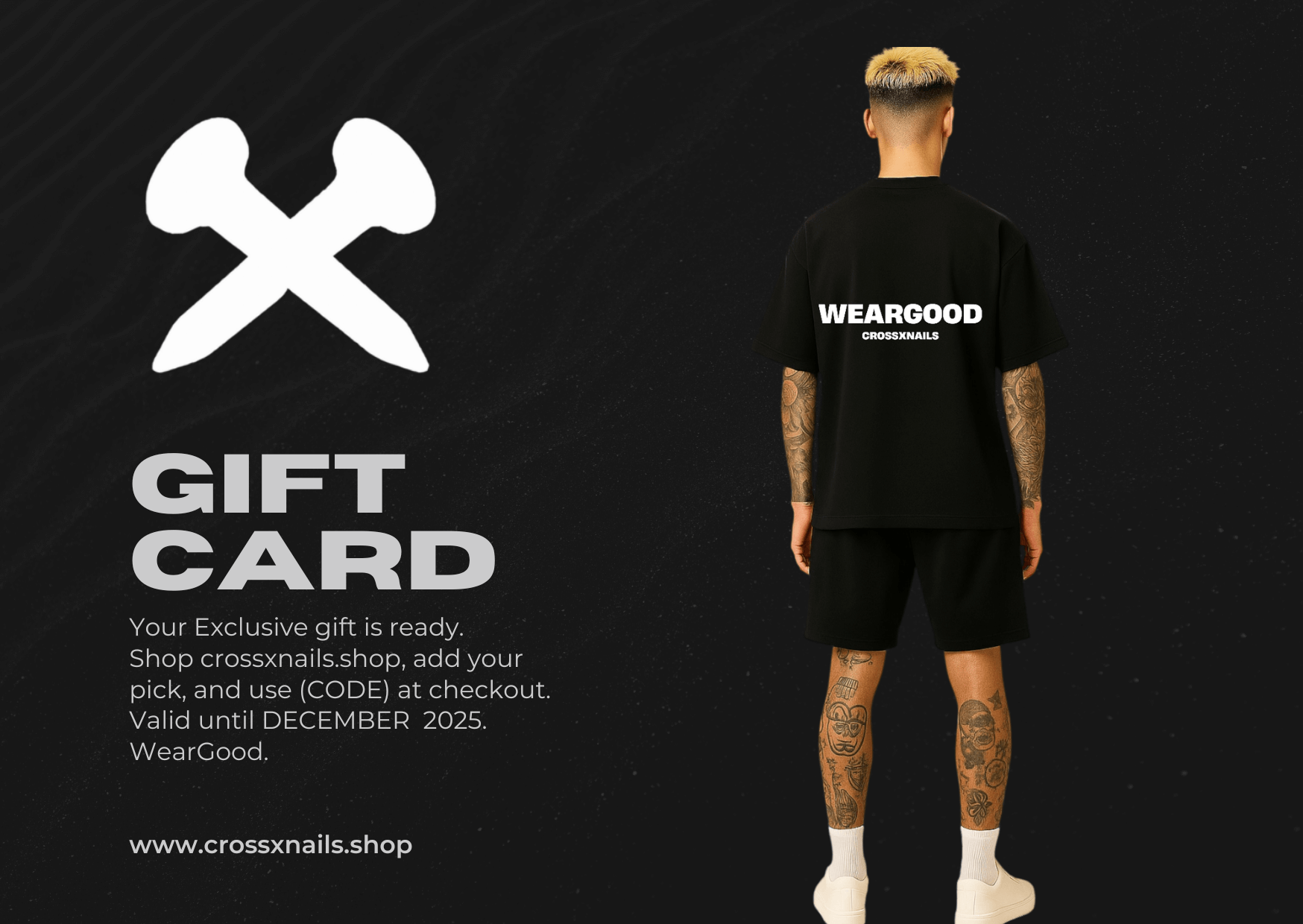 Gift card for Crossxnails WearGood - Premium oversized t-shirt, relaxed fit, organic cotton, Christian streetwear UK.