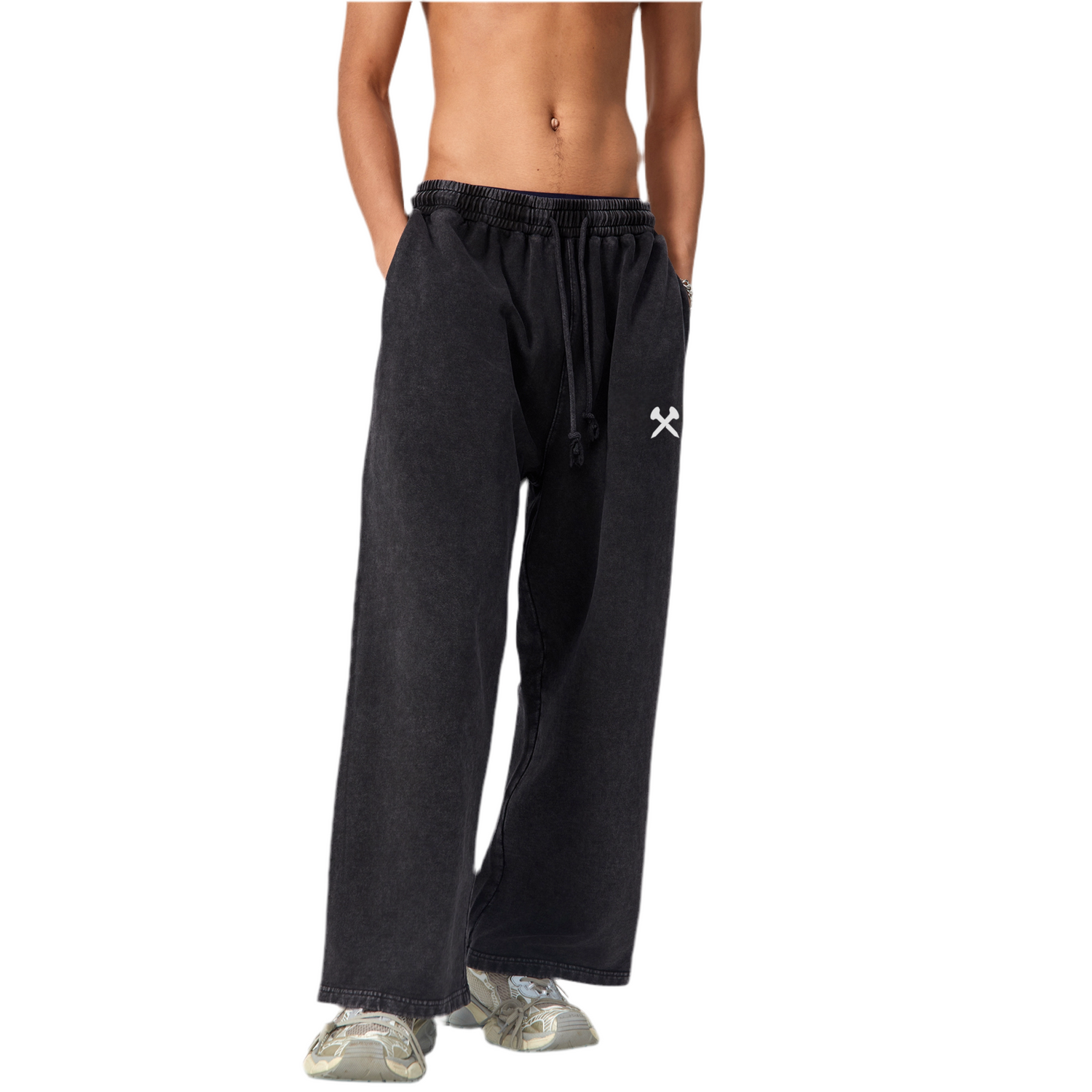 Half photo of a man wearing Crossxnails X logo print Unisex Loose-Fit Jogger Pants | Crossxnails WearGood