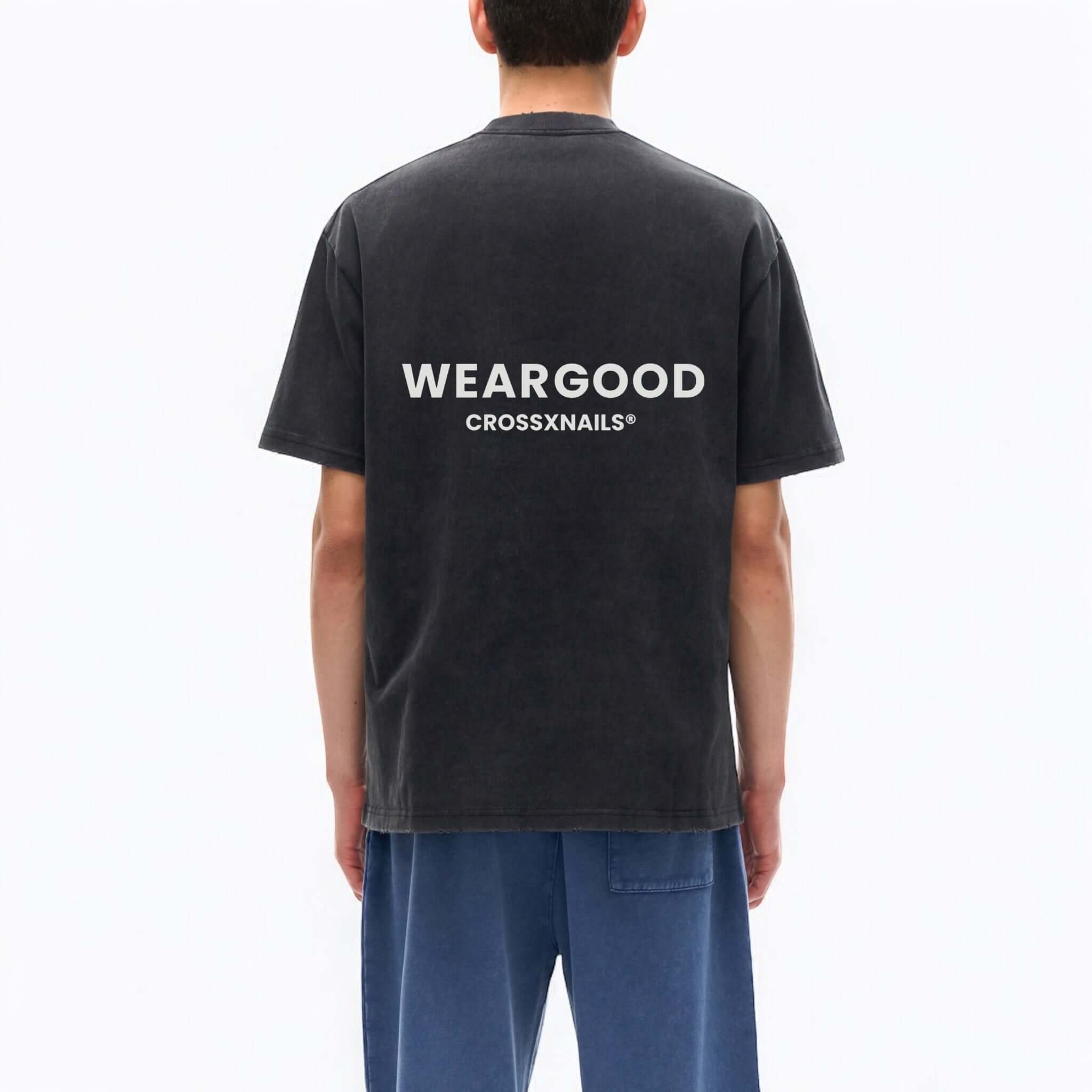 Crossxnails Heavyweight T-Shirt in charcoal with WEARGOOD print, premium oversized fit for Christian streetwear in the UK.
