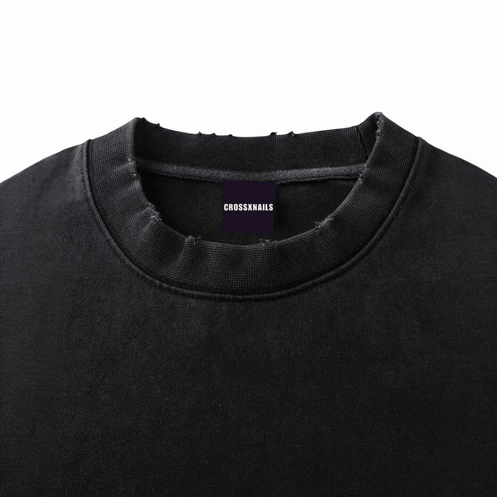 Close-up of Crossxnails Heavyweight T-Shirt neckline in black, showcasing oversized fit for Christian streetwear UK.