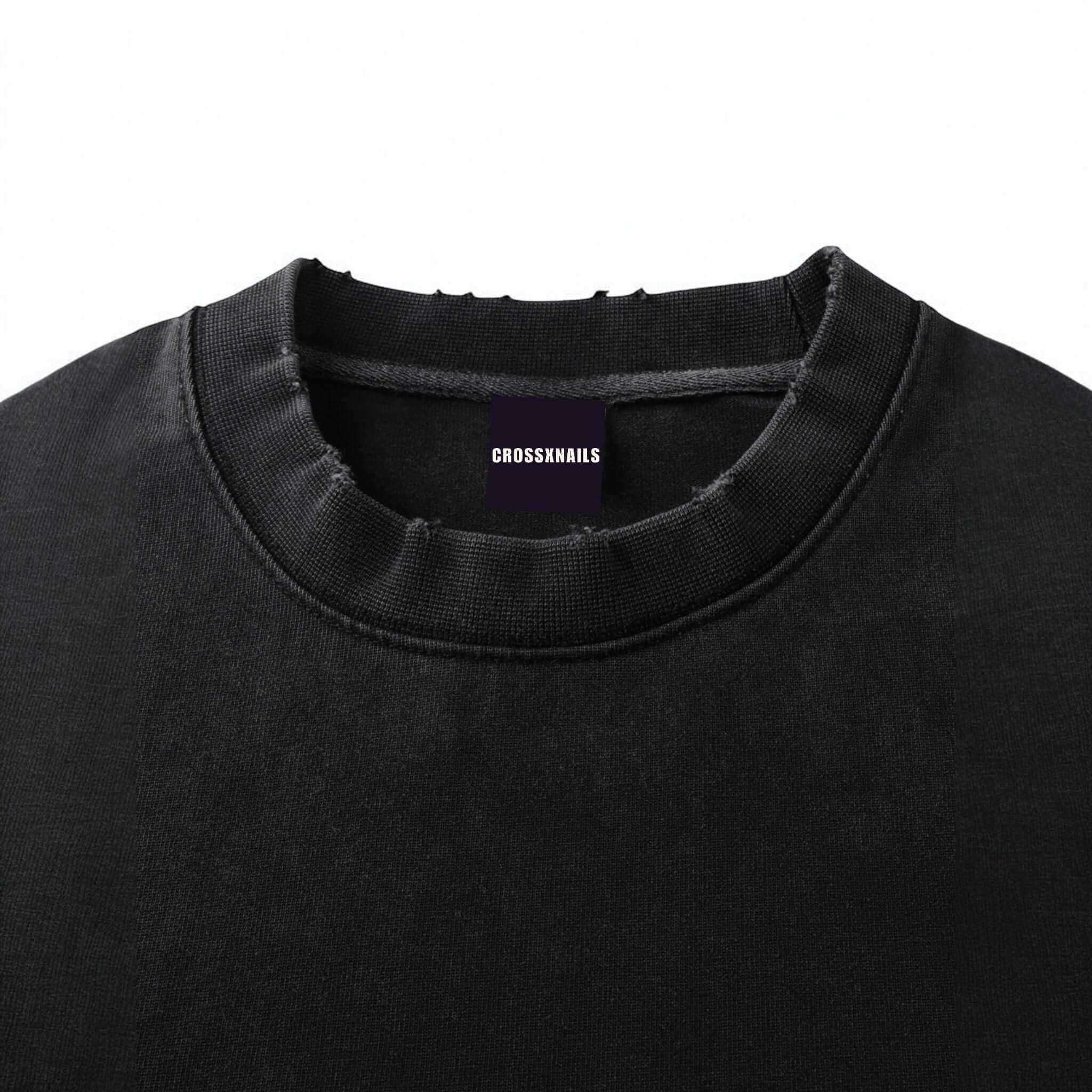 Close-up of Crossxnails Heavyweight T-Shirt neckline in black, showcasing oversized fit for Christian streetwear UK.