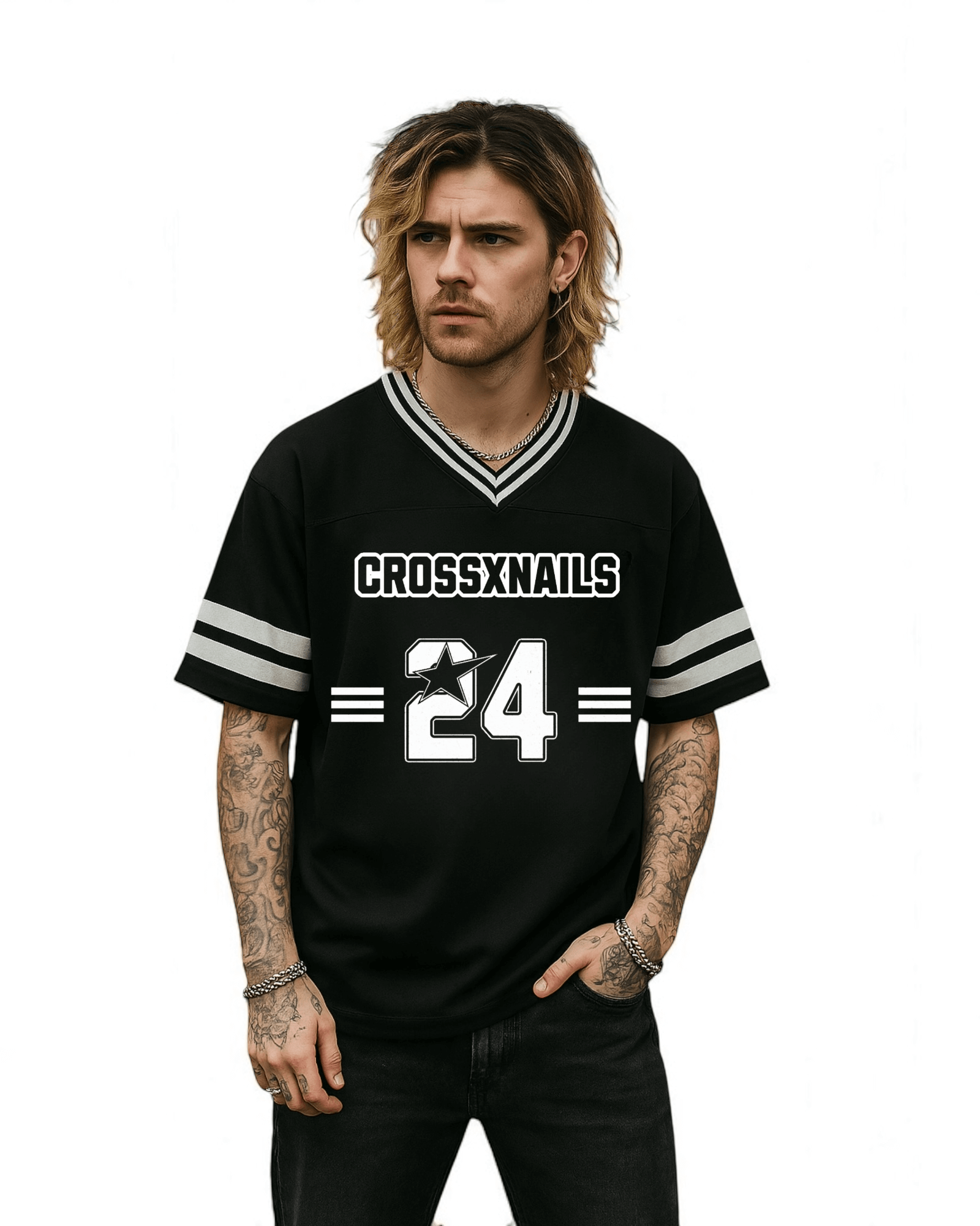 Crossxnails Black Boxy Jersey, sporty streetwear design, unisex oversized fit, ideal for LA style and Ipswich trends.