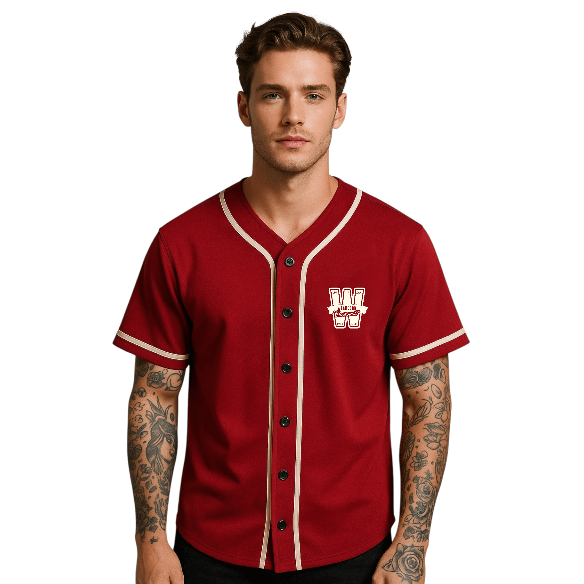 Crossxnails Button-Up Baseball Jersey in red, unisex relaxed fit, premium cotton blend, UK Christian streetwear style.