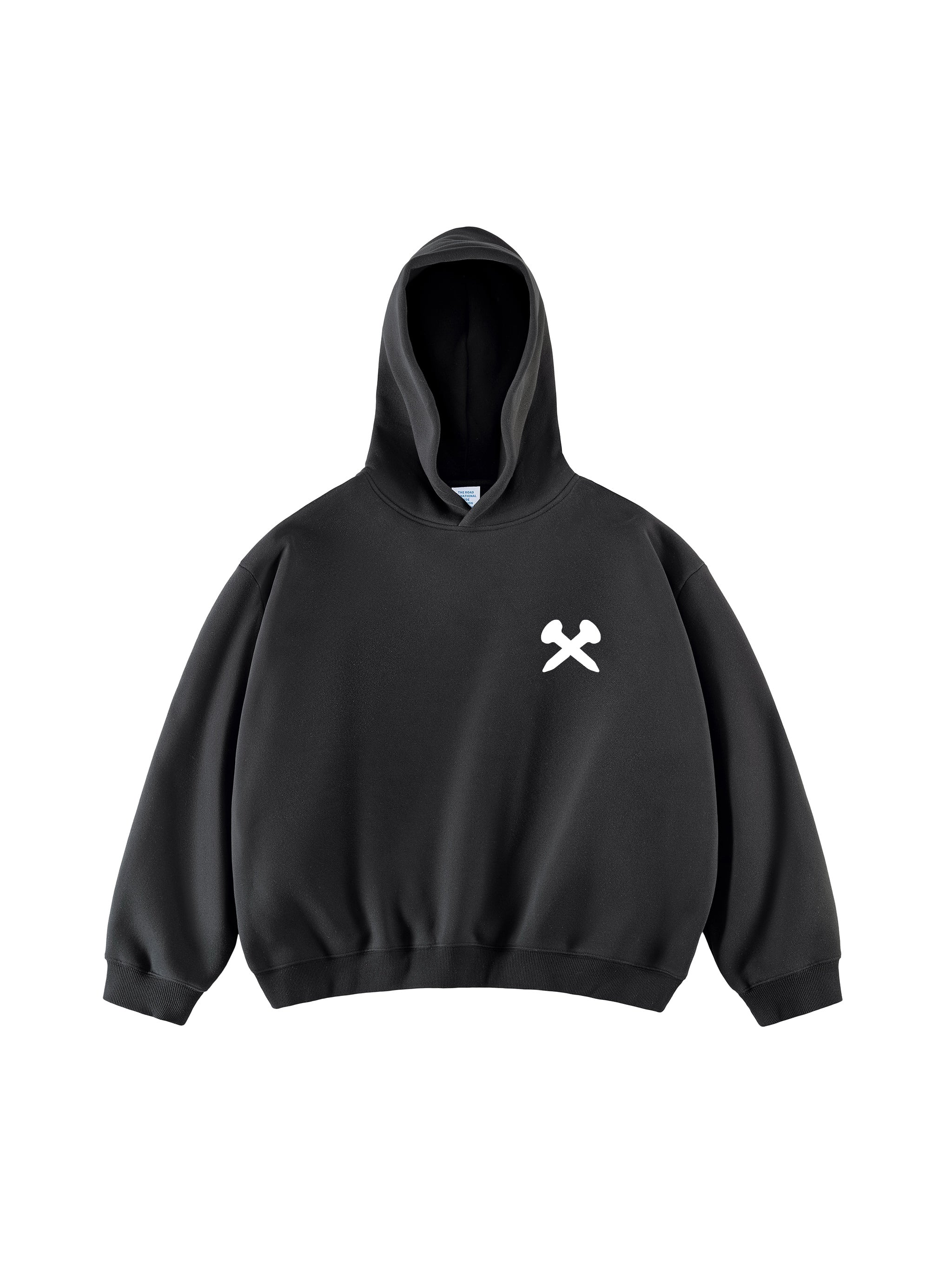 Crossxnails Fleeced Boxy Hoodie in black with white logo, featuring a loose fit and hood for a stylish, casual look.