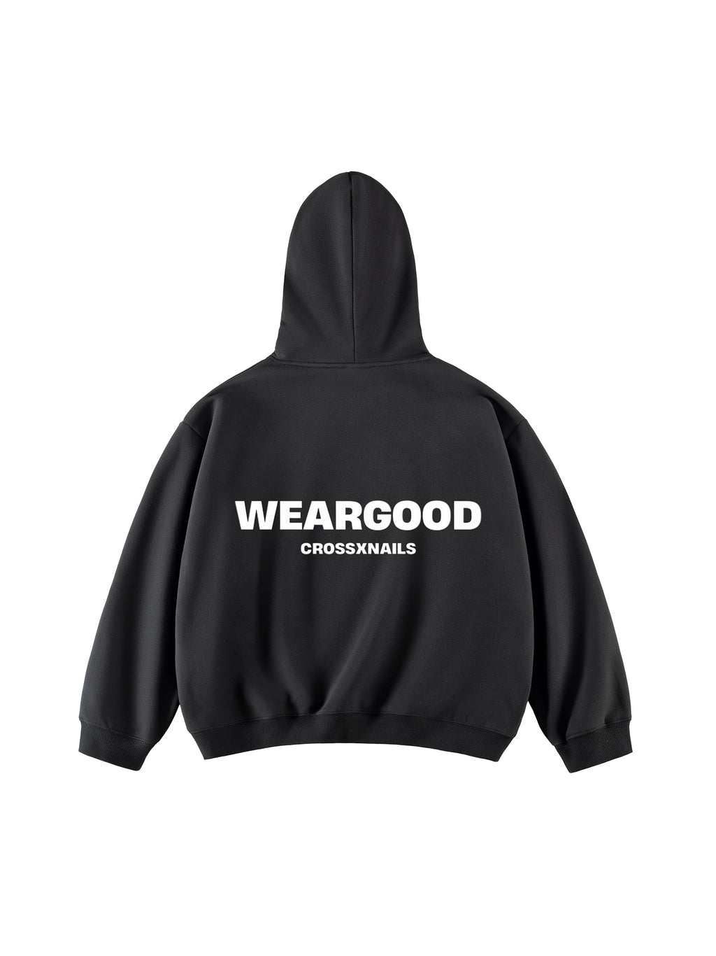 Crossxnails Fleeced Boxy Hoodie in black with 'WEARGOOD' text on the back, showcasing a modern streetwear design.