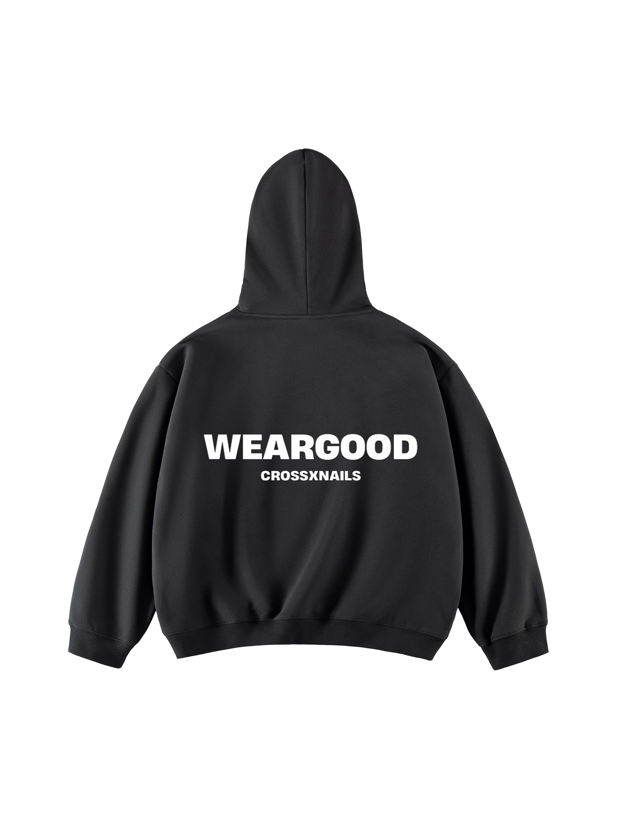 Crossxnails Fleeced Boxy Hoodie in black with 'WEARGOOD' text on the back, showcasing a modern streetwear design.