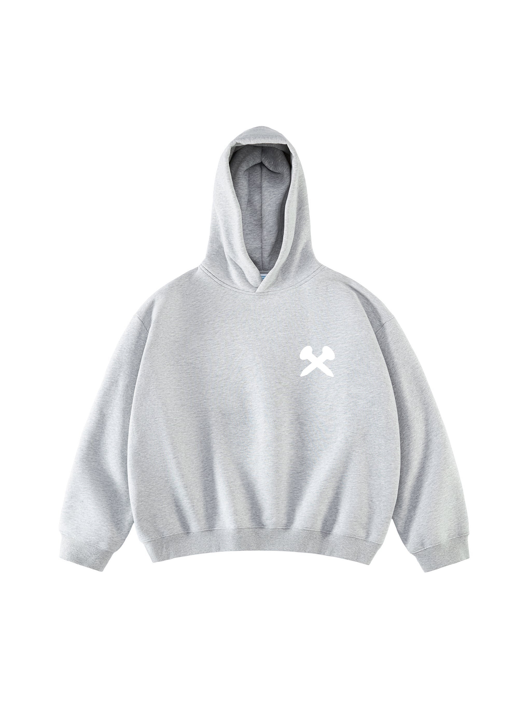 Grey boxy hoodie with a logo, crafted from soft fleece, ideal for streetwear and layering on colder days.