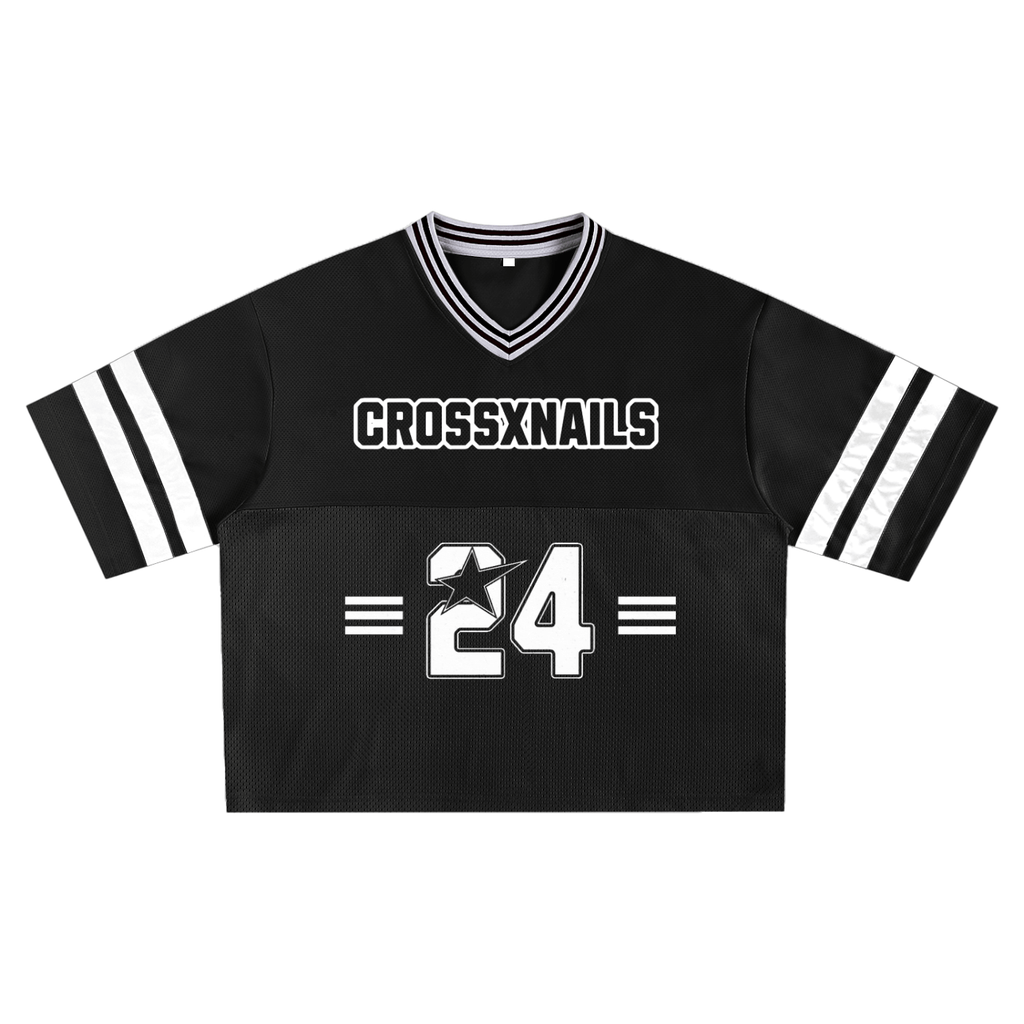 Crossxnails Baseball Boxy Jersey in black, oversized fit, 100% mesh, perfect for Christian streetwear in UK and LA.