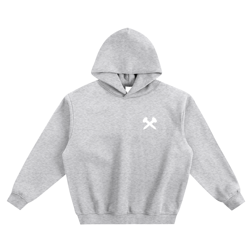 Crossxnails Fleeced Boxy Hoodie in gray with a modern design, featuring a hood and drop shoulders, perfect for streetwear.