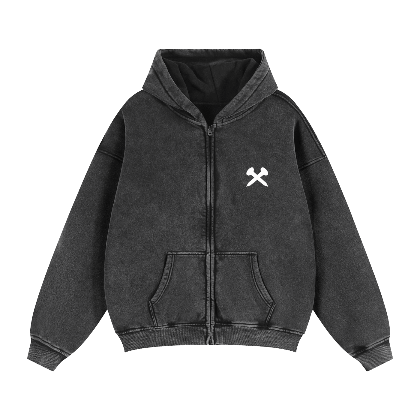 Crossxnails Zip-Up Boxy Hoodie in vintage wash, oversized fit, cotton blend, Christian streetwear UK, Ipswich design.