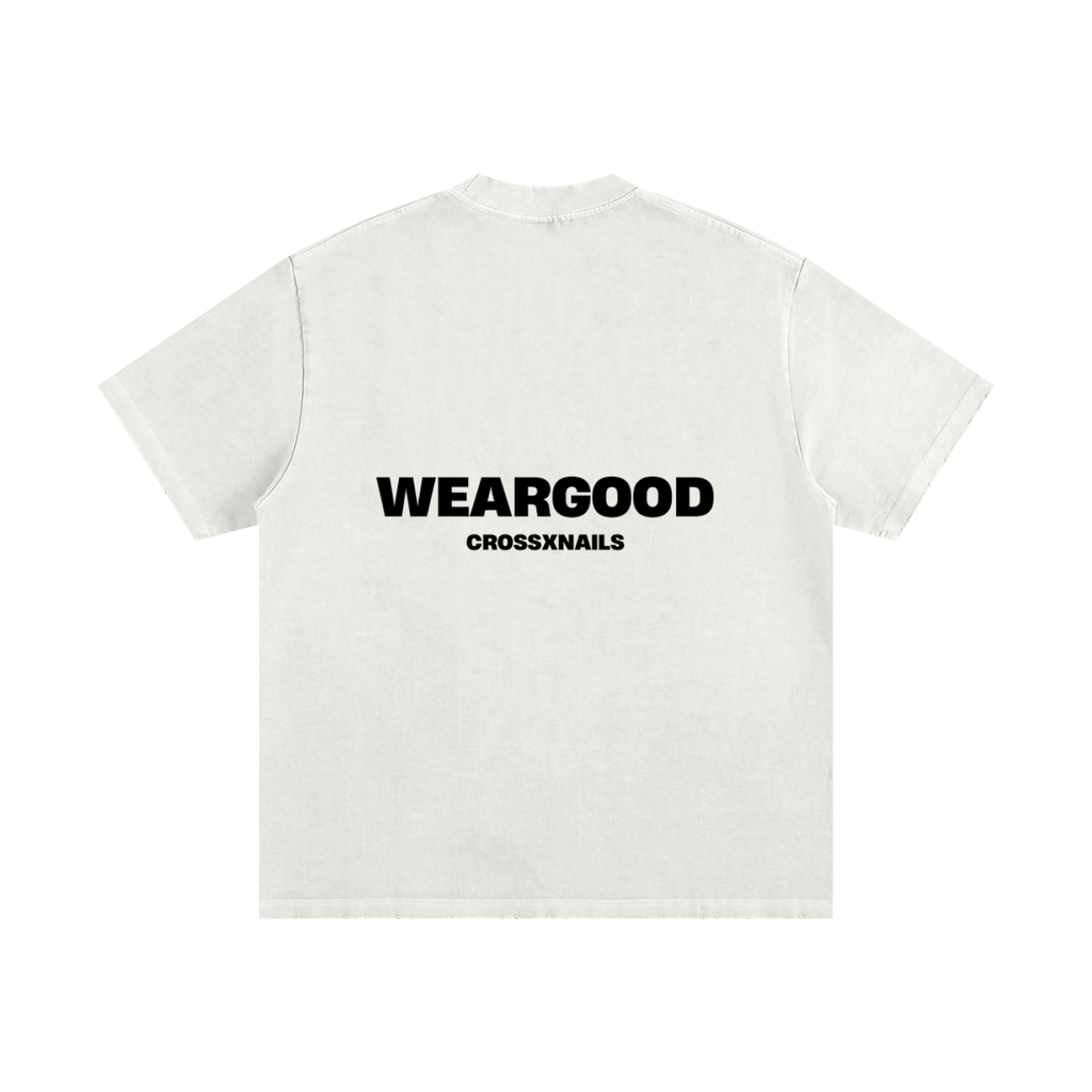 Crossxnails Heavyweight Washed Oversized T-Shirt in white with WEARGOOD logo, UK Christian streetwear brand, relaxed fit, Ipswich design.