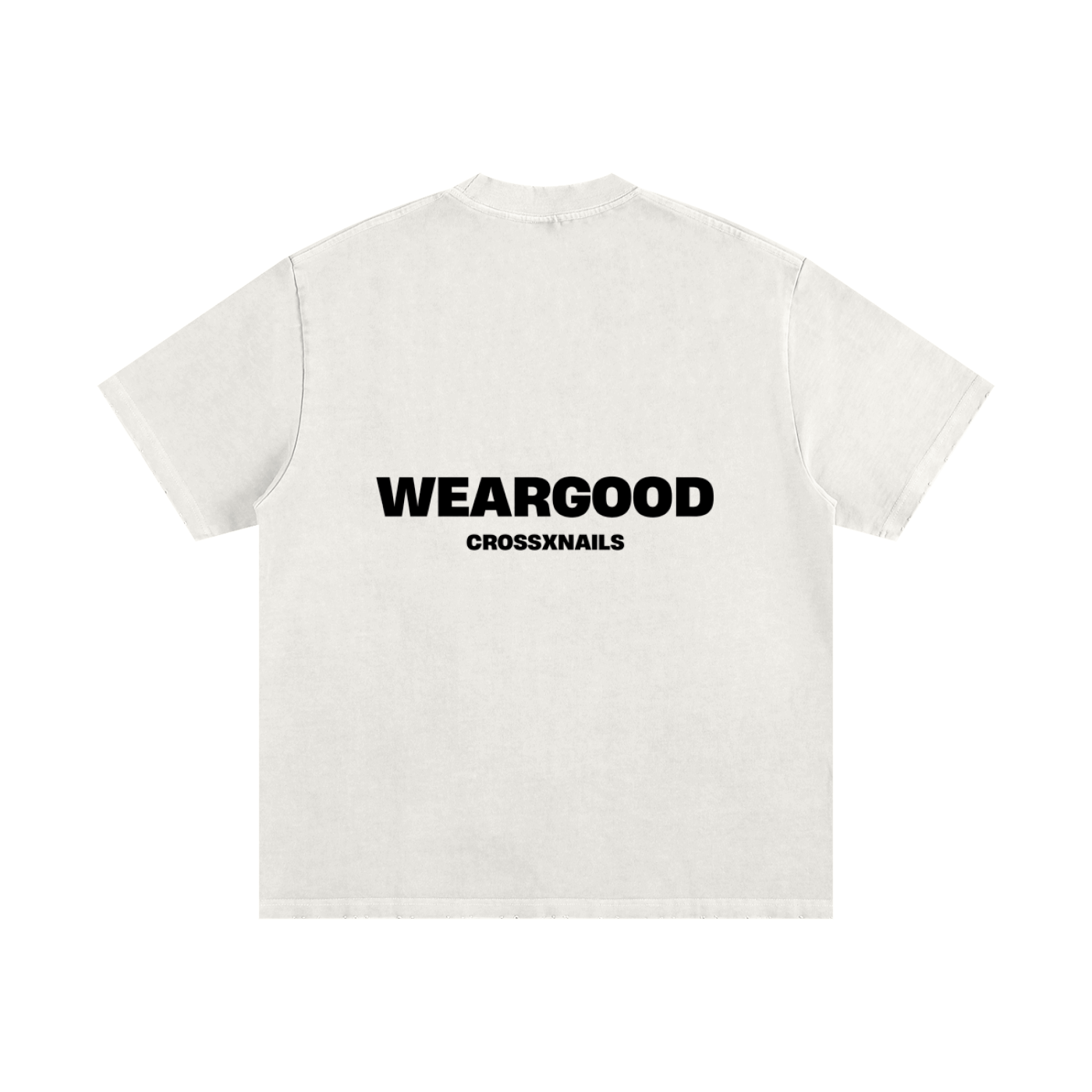 Crossxnails Heavyweight Washed Oversized T-Shirt in white with WEARGOOD logo, UK Christian streetwear brand, relaxed fit, Ipswich design.