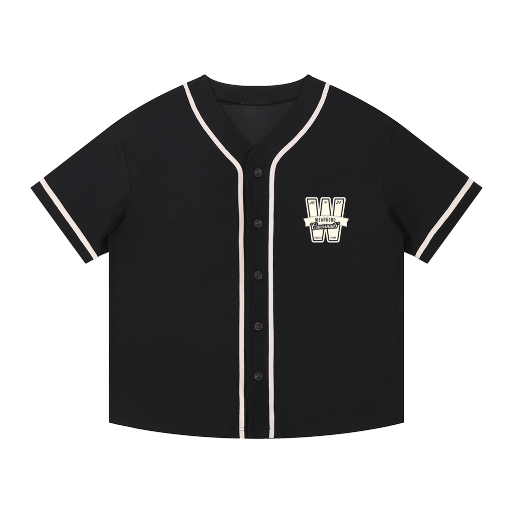 Crossxnails WearGood Button-Up Baseball Jersey, cotton blend, oversized fit, UK streetwear, relaxed style shirt.
