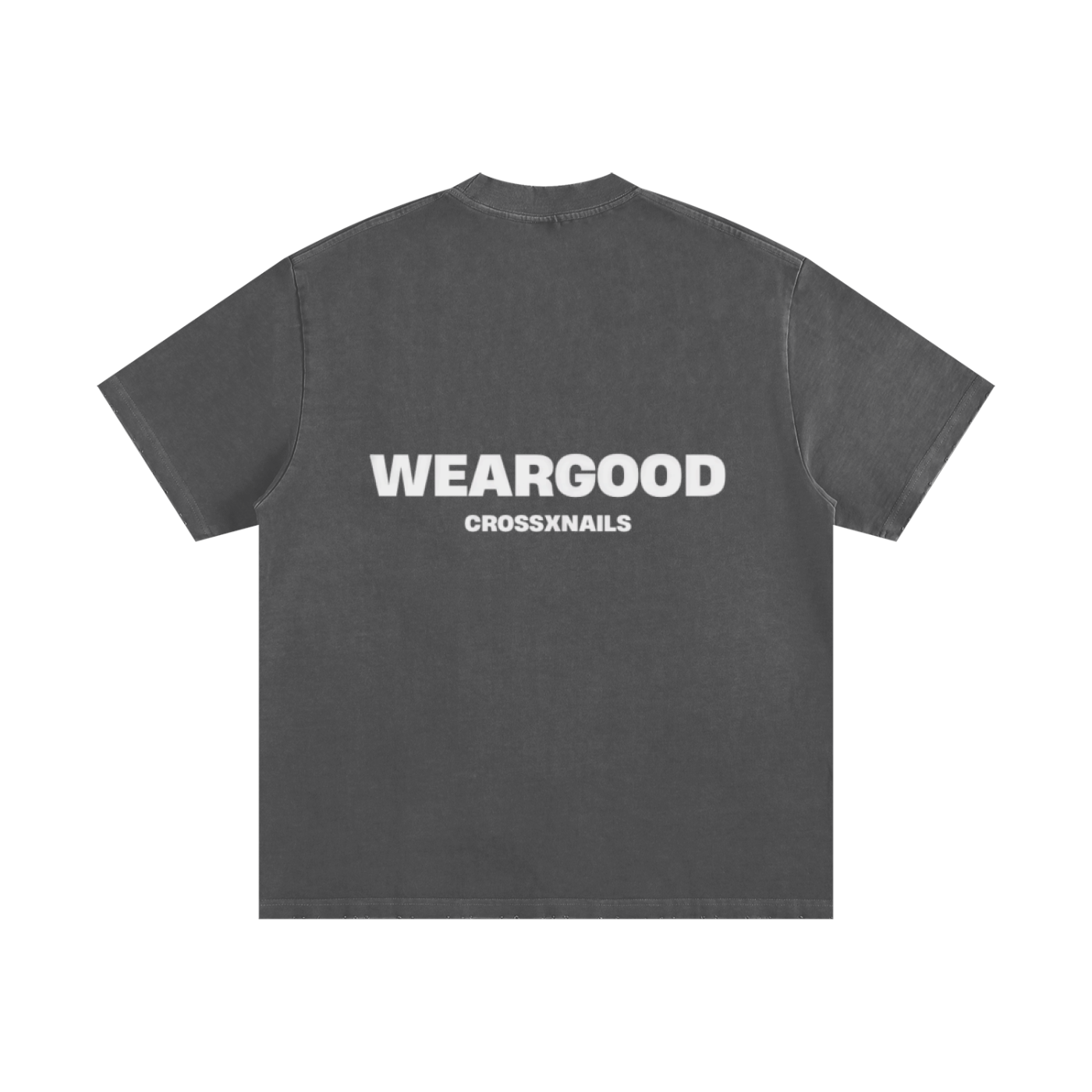 Crossxnails® oversized t-shirt in washed black with WEARGOOD print, premium Christian streetwear from Ipswich, UK.
