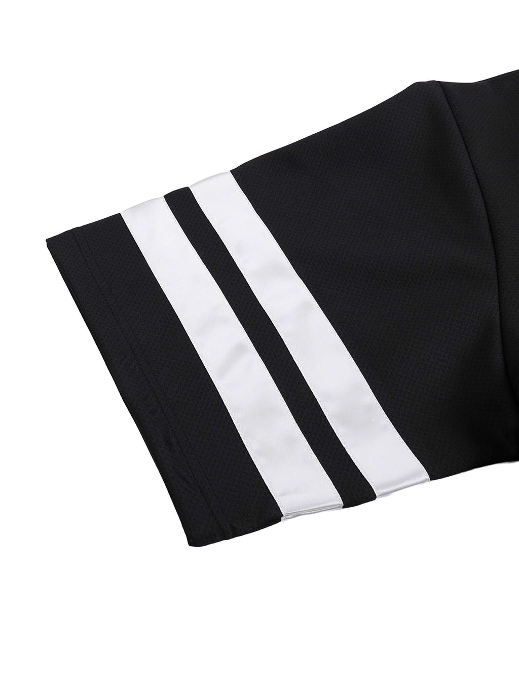 Close-up of Crossxnails Baseball Boxy Jersey sleeve featuring bold white stripes, part of the relaxed fit streetwear collection.
