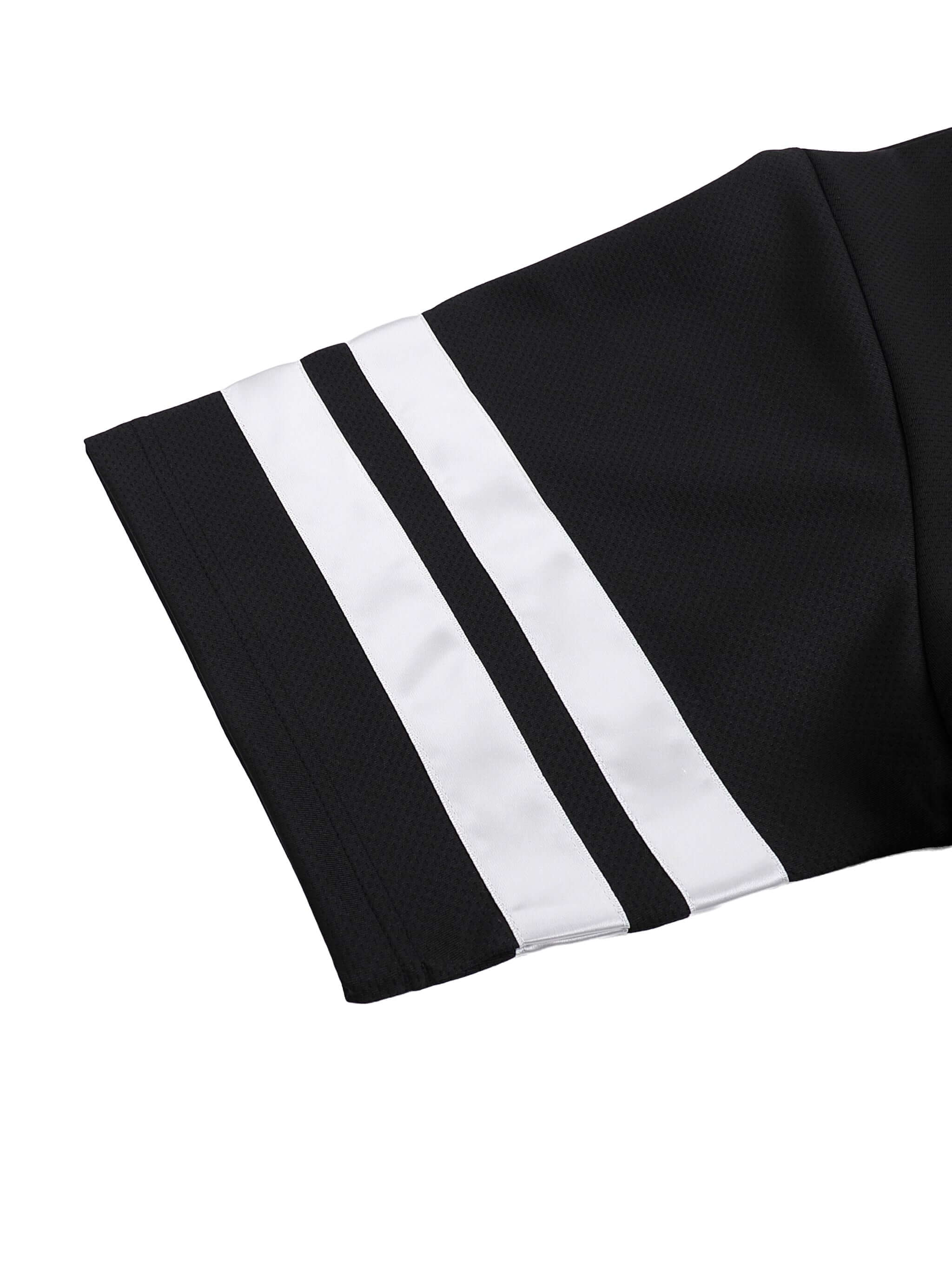 Close-up of Crossxnails Baseball Boxy Jersey sleeve featuring bold white stripes, part of the relaxed fit streetwear collection.