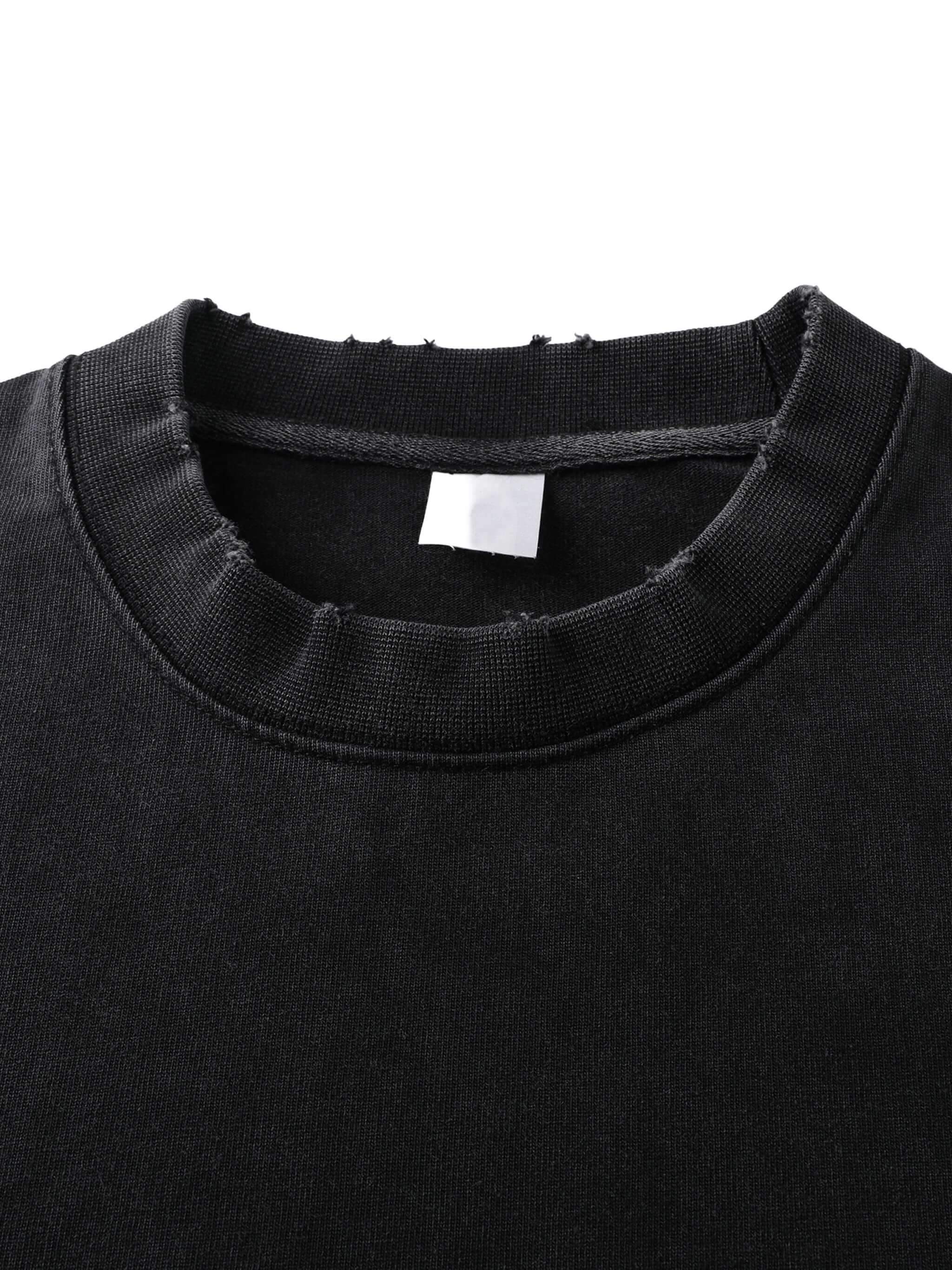 Close-up of raw-edge collar for Crossxnails Heavyweight T-Shirt, 100% cotton, black color, premium oversized style.