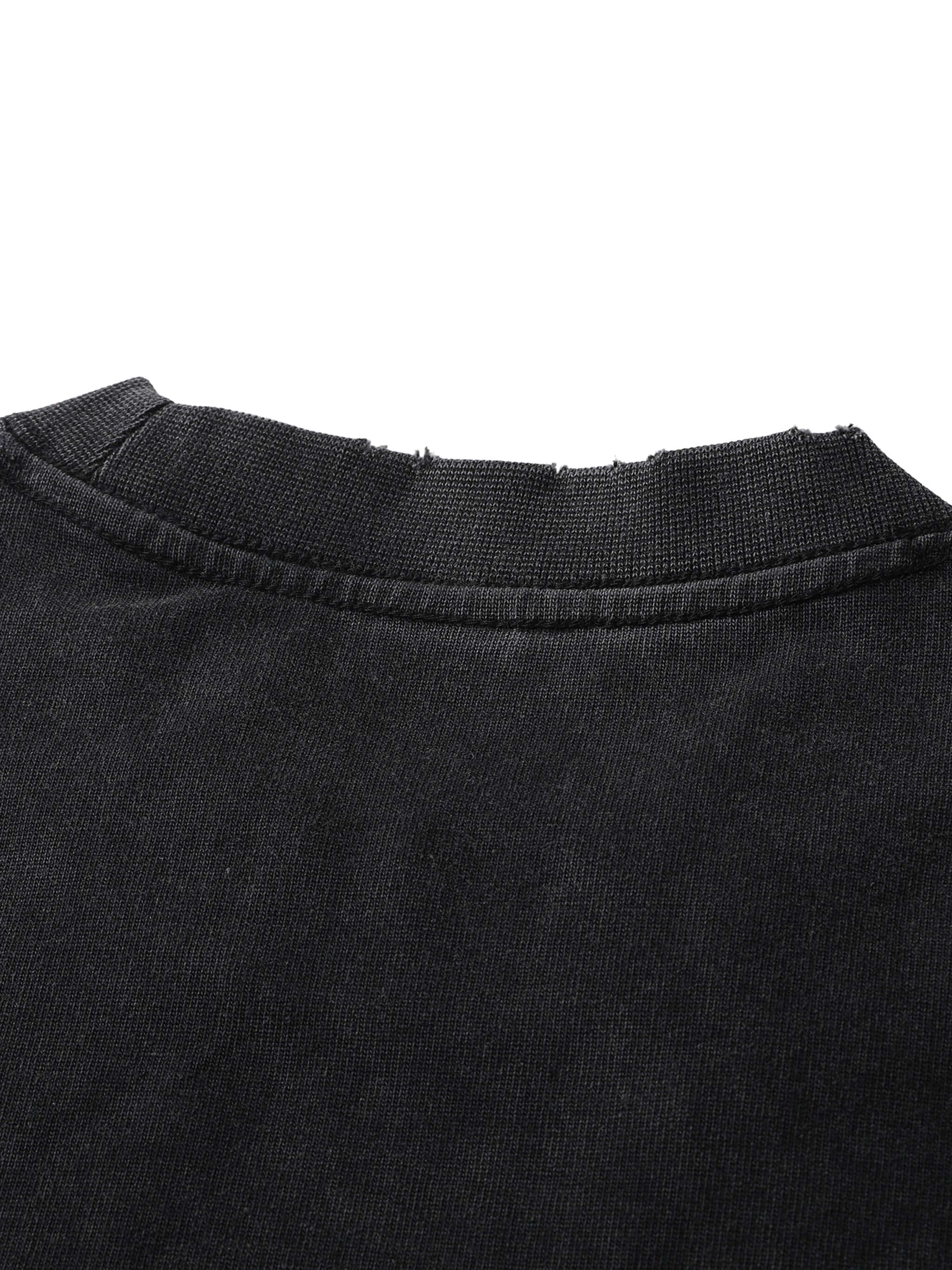 Close-up of neckline on black Crossxnails oversized t-shirt, 100% cotton, relaxed fit, premium Christian streetwear.