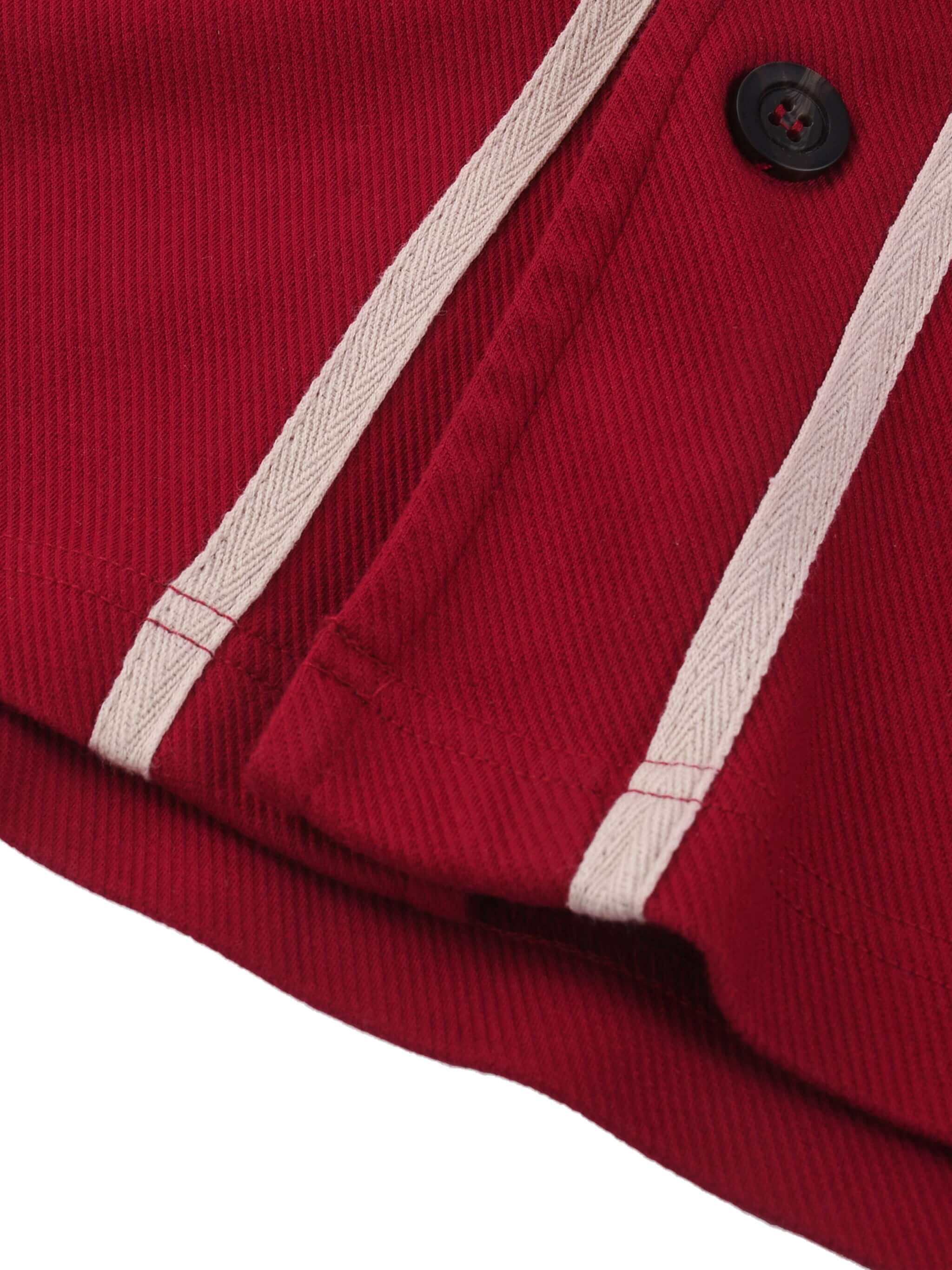 Close-up of Crossxnails Button-Up Baseball Jersey in red, featuring a cotton blend and contrasting button details.