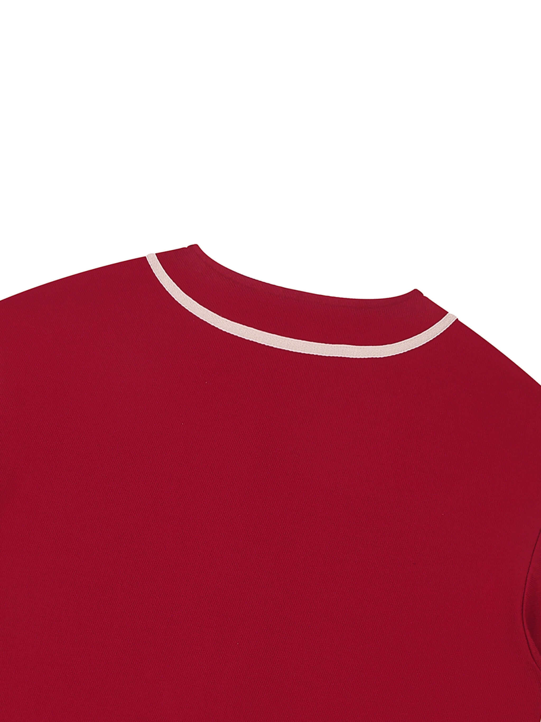Back view of Crossxnails Button-Up Baseball Jersey in red with contrasting white collar, part of LA streetwear style.